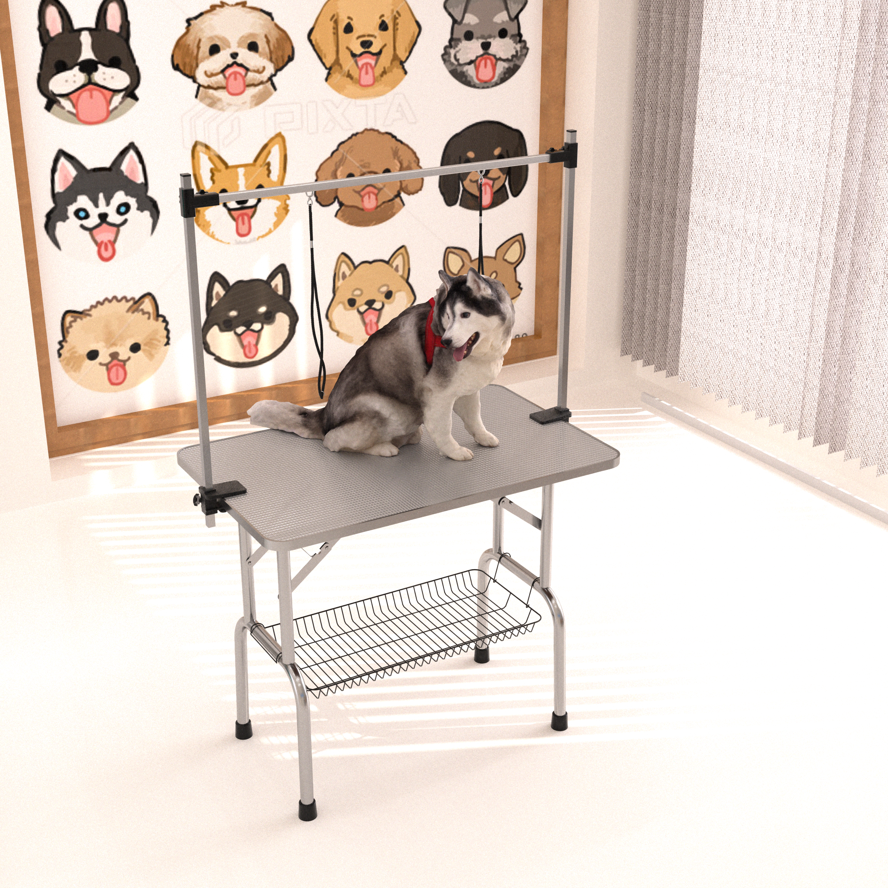 36' Folding Dog Pet Grooming Table Stainless Steel Frame Rubber Mat on Board with Adjustable Arm and Clamps pet dog Cat Grooming Table (SILVER-GRAY COLOR)