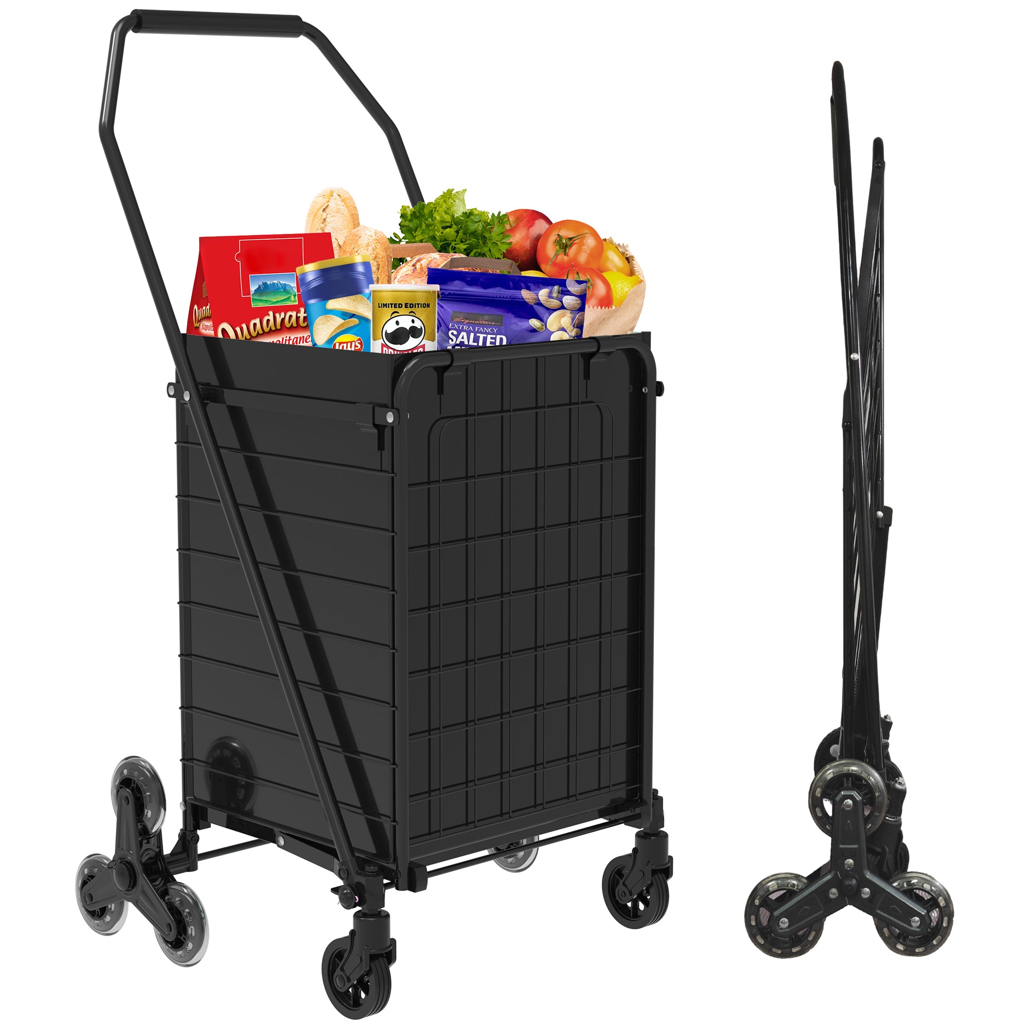 Shopping Cart to Go Upstairs,Shopping Cart on Wheels, Foldable Utility Shopping Carts with 360° Rolling Swivel Wheels for Groceries Laundry