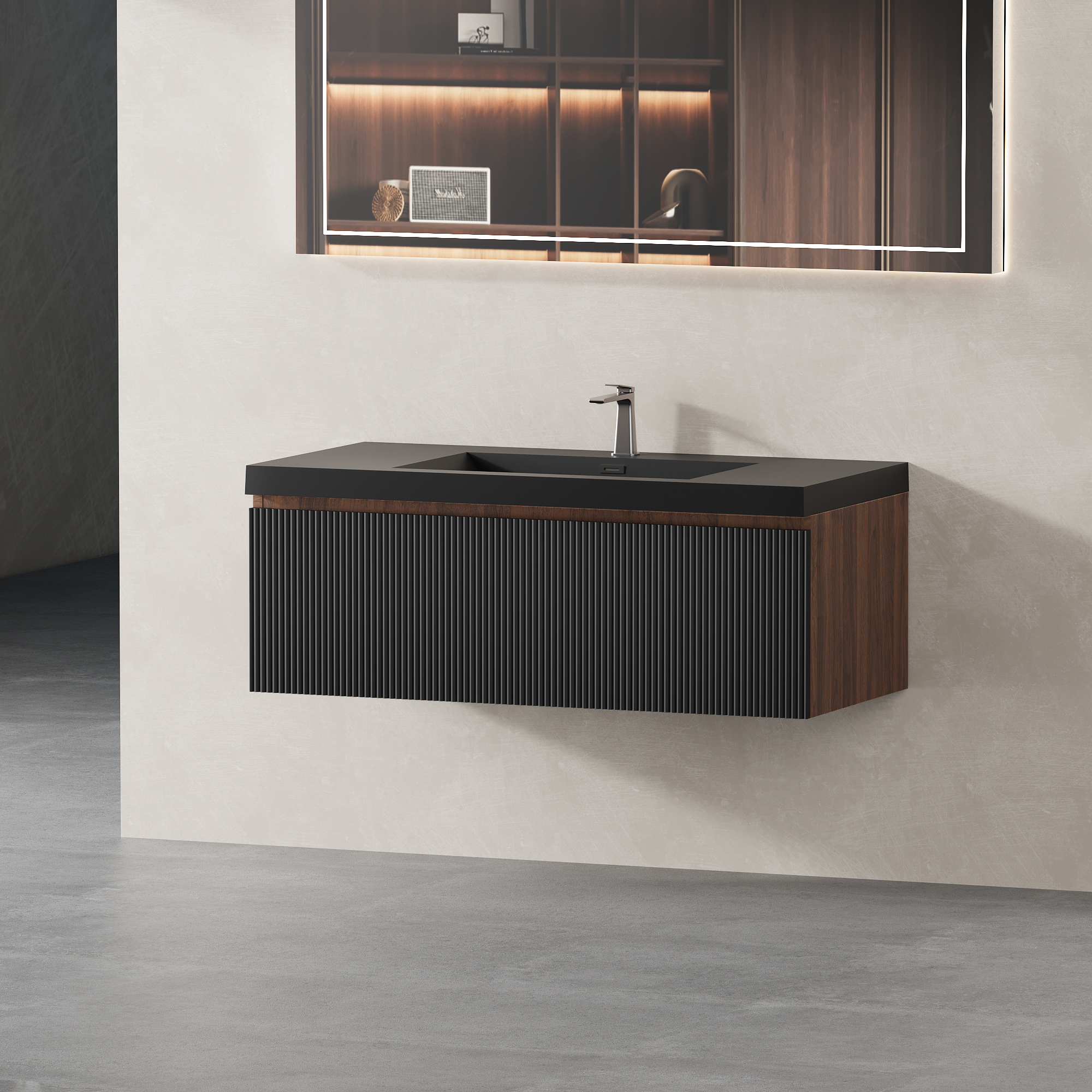 42'' Floating Bathroom Vanity with Sink Combo, Modern Wall-Mounted Striped Bathroom Storage Cabinet with Soft-Close Drawer and Quartz Sand Basin, Smoked Walnut GF-24V16-42WAB