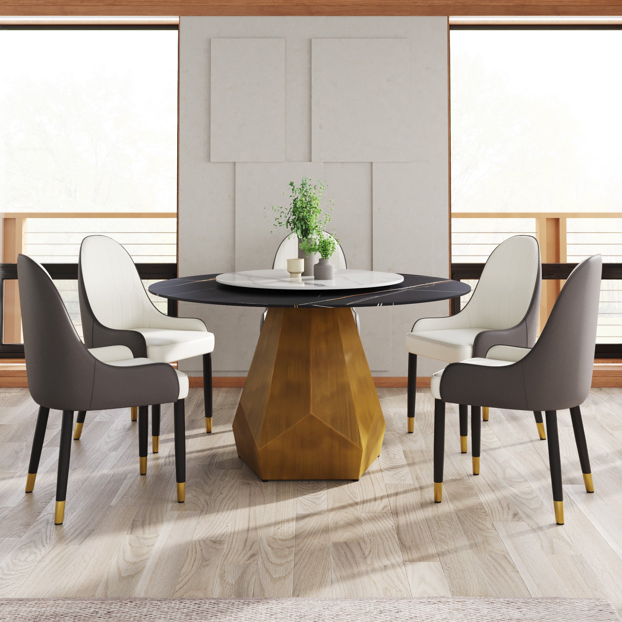 53' Round Marble Dining Table with Metal Base, Artificial Marble for 6 People, 23.62'White Artificial Stone Turntable,Black&White (Dining Table Only)