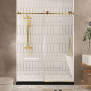 Frameless shower door 56-60 'W x 76' H, 1/4 '(6 mm) Clear Tempered Glass, Explosion Proof Film, Stainless Steel Handle,Brushed Gold