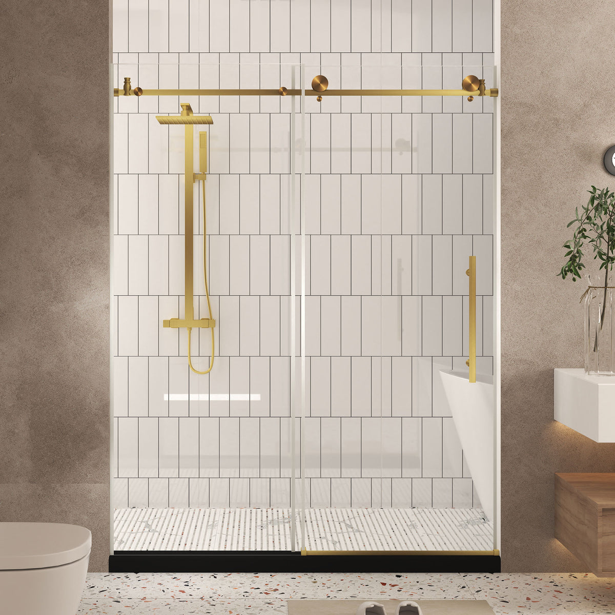 Frameless shower door 56-60 'W x 76' H, 1/4 '(6 mm) Clear Tempered Glass, Explosion Proof Film, Stainless Steel Handle,Brushed Gold