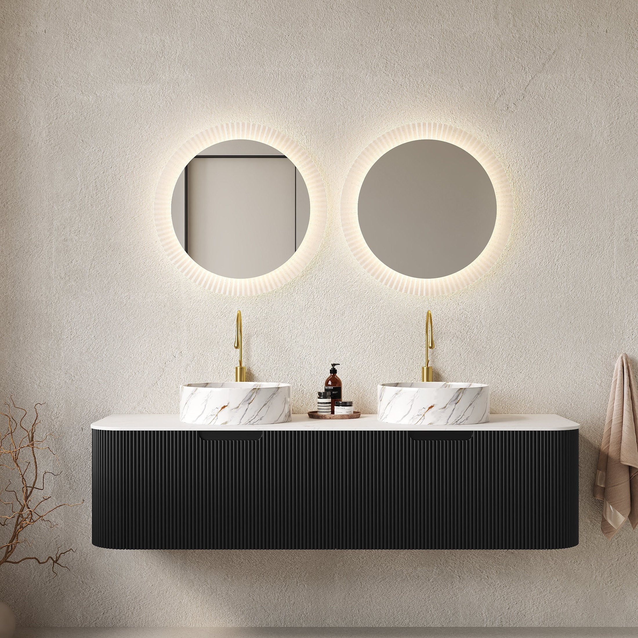 DINA 60' Bathroom Vanity with Sinks, Wall-Mounted Curved Edges Striped Bathroom Storage Cabinet with 2 Drawers, 2 White Ceramic Basins with Stone Pattern, NO Faucet, Pre-assembled, Black Color