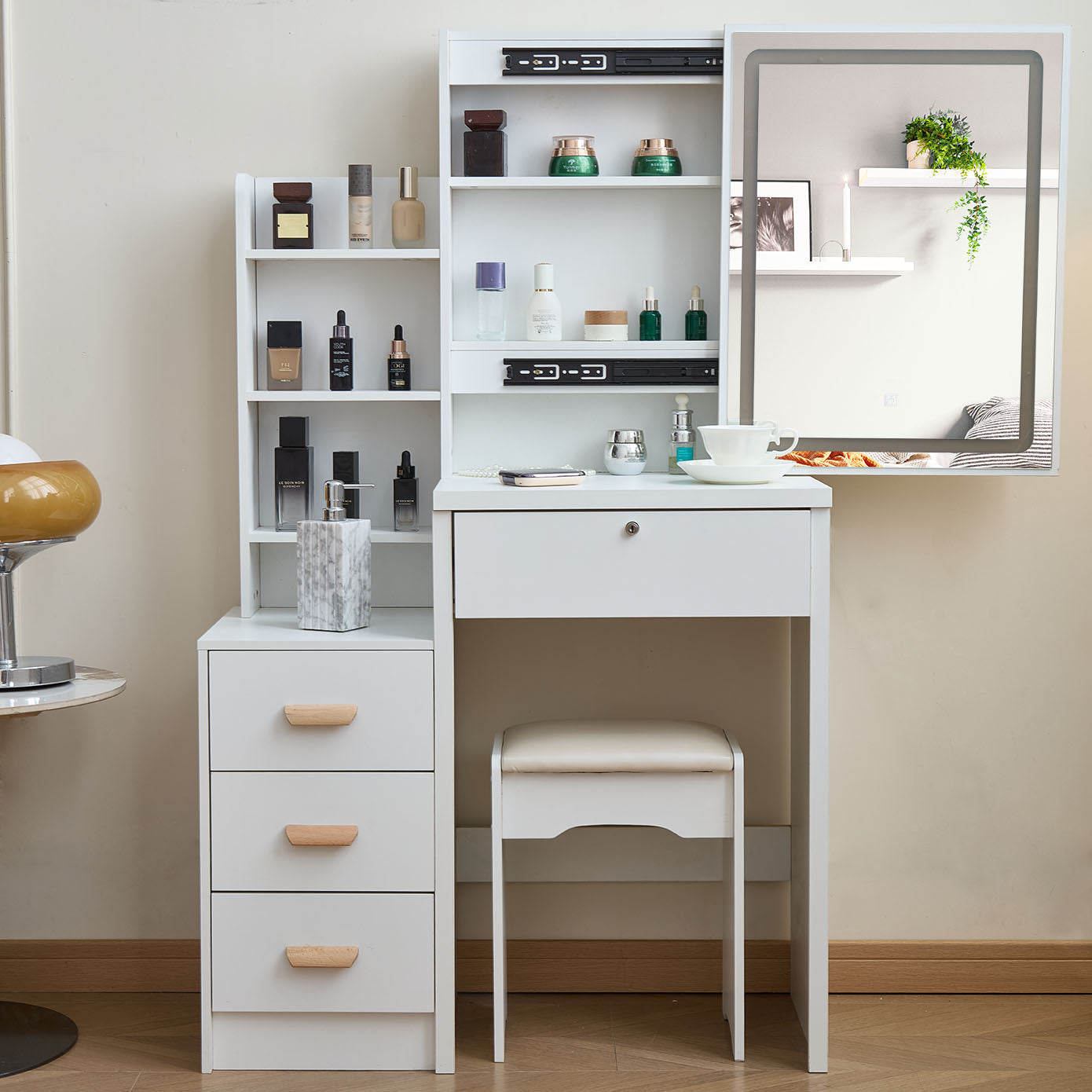 Vanity Desk with Sliding Mirror and Lights, Makeup Vanity Set with 4 Drawers, Stool,  Open Shelves, 3 Color Adjustable Lighting Modes, Makeup Dressing Table for Bedroom