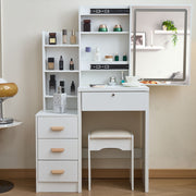 Vanity Desk with Sliding Mirror and Lights, Makeup Vanity Set with 4 Drawers, Stool,  Open Shelves, 3 Color Adjustable Lighting Modes, Makeup Dressing Table for Bedroom