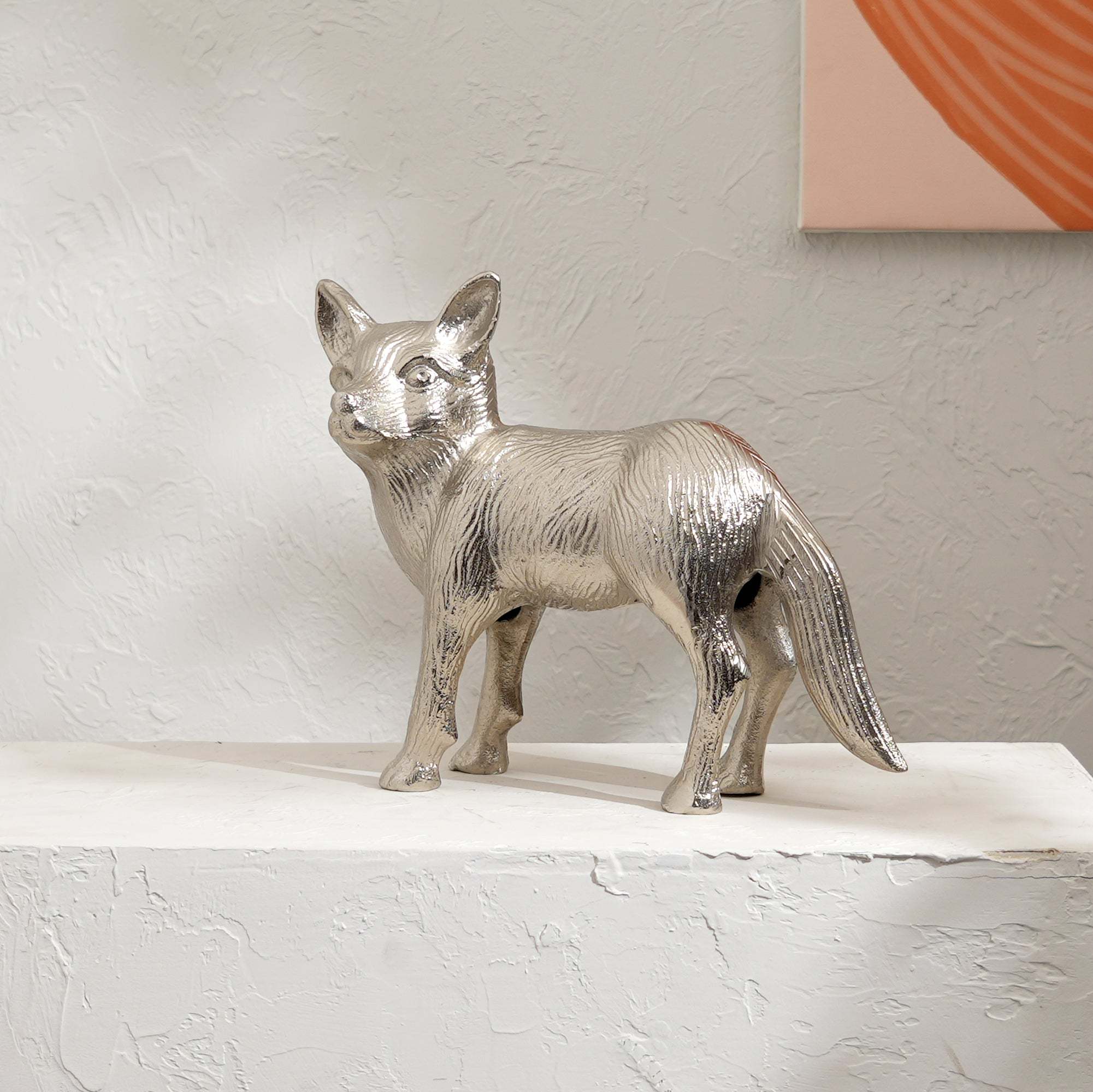 Wild Fox Aluminum Nickel Finished Animal Sculpture – 14x5.5x11.5'  Elegant Table Décor Accent Piece