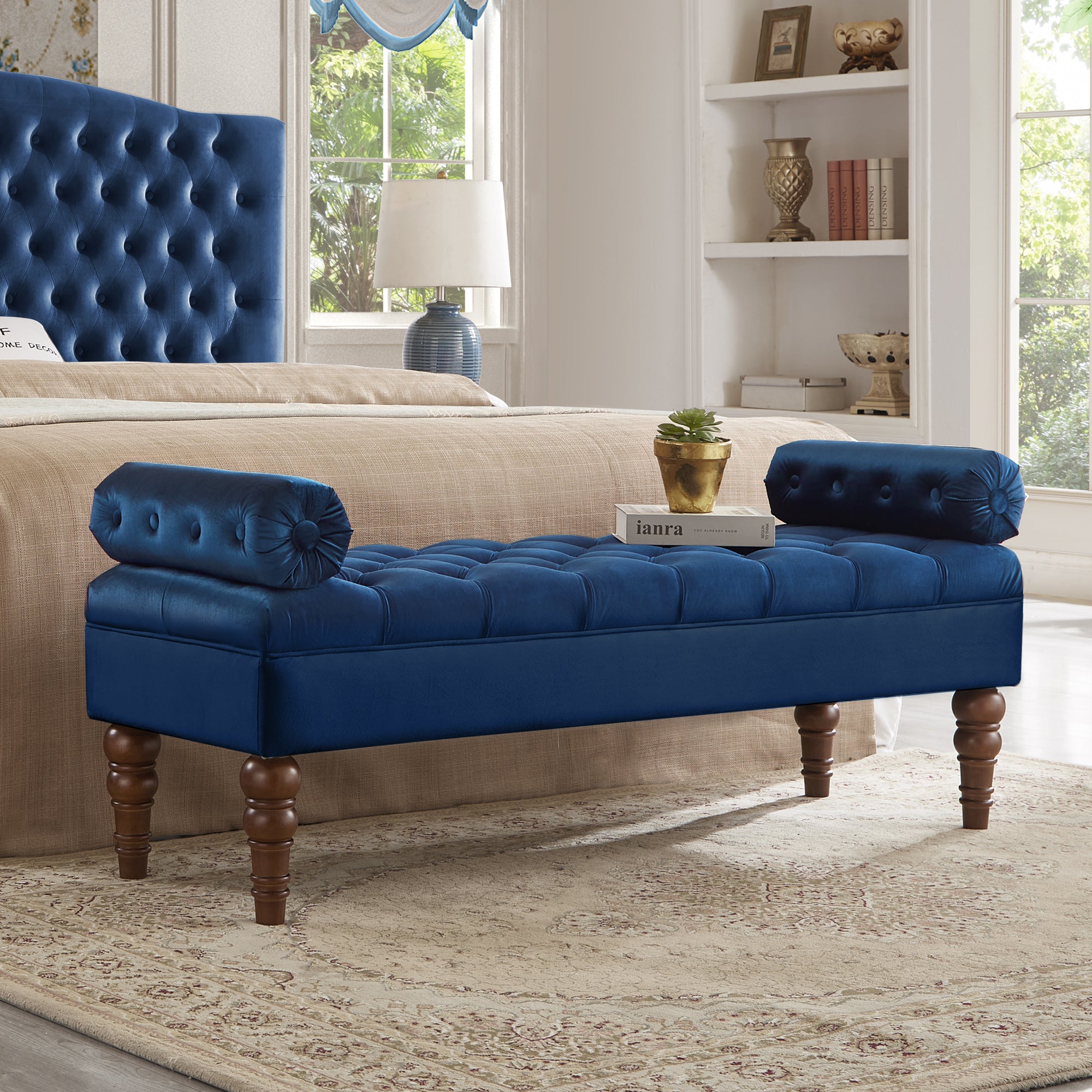 Velvet Long bed Bench for Bedroom,Upholstered Window Bench with Tufted Button,Entryway Bench,Bolster Bench for Living Room-Navy