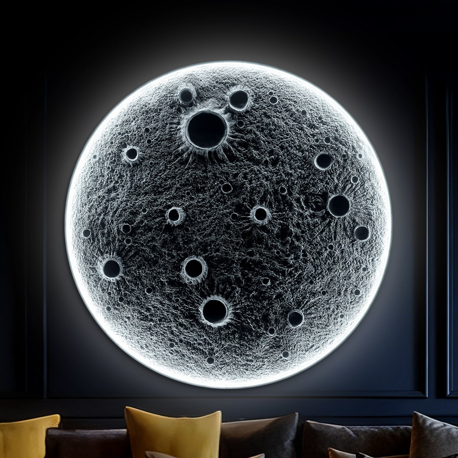 32-Inch Realistic Resin Moon Wall Light – Plug-In Dimmable LED Moon Sconce with Remote Control, 30 W Main & 10 W Night Light, Meteorite Crater Texture, 1.75″ Thick Wall-Mounted Décor for Home & Commer