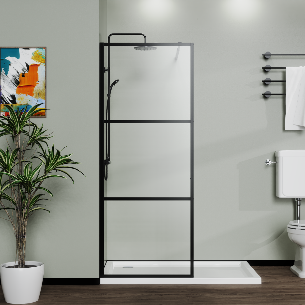 Goodyo 34' Shower Screen Door Walk-in Wet-room, Black, 3-panel Style