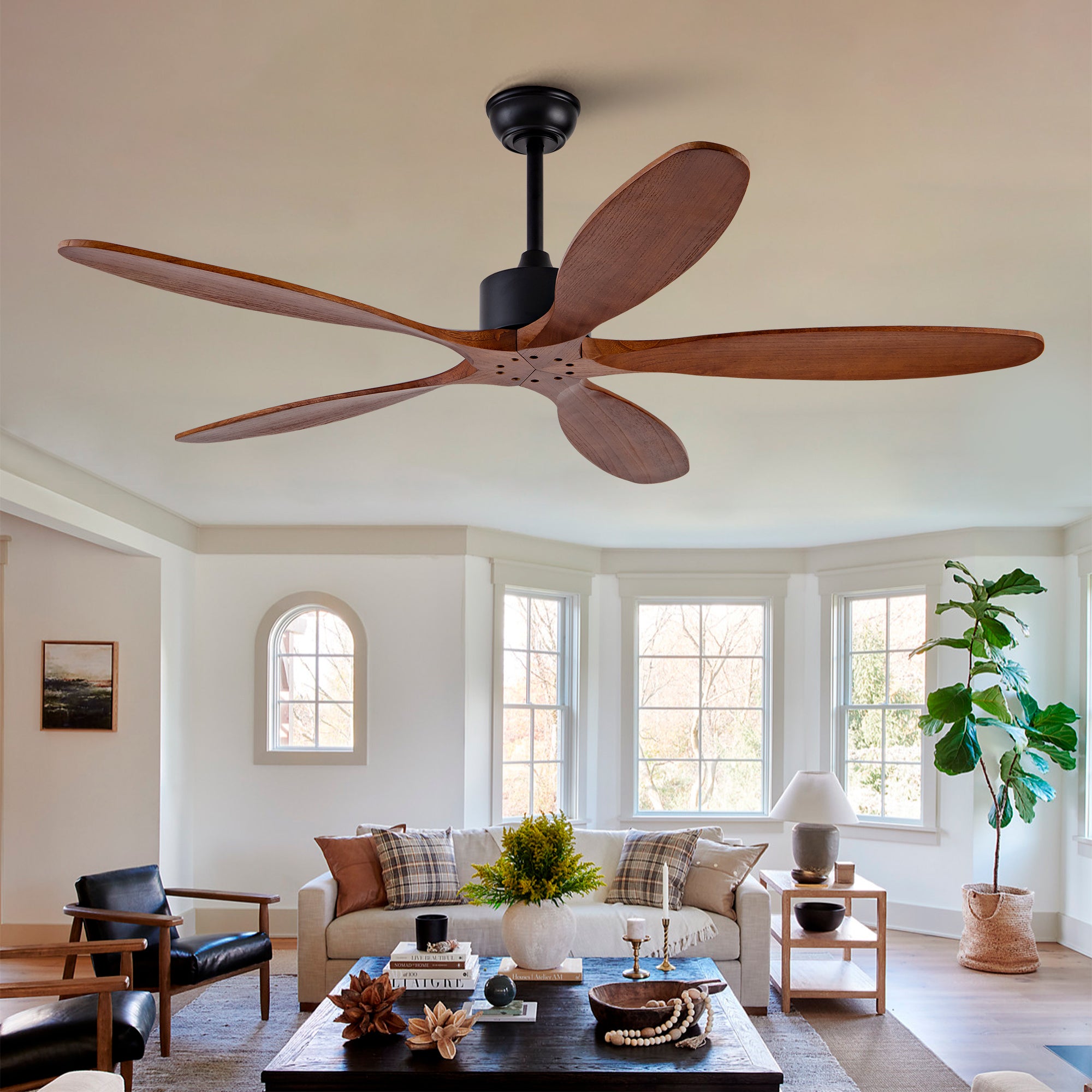 New Model 60 Inch Ceiling Fan With 5 Solid Wood Blades Remote Control Reversible DC Motor For Living Room