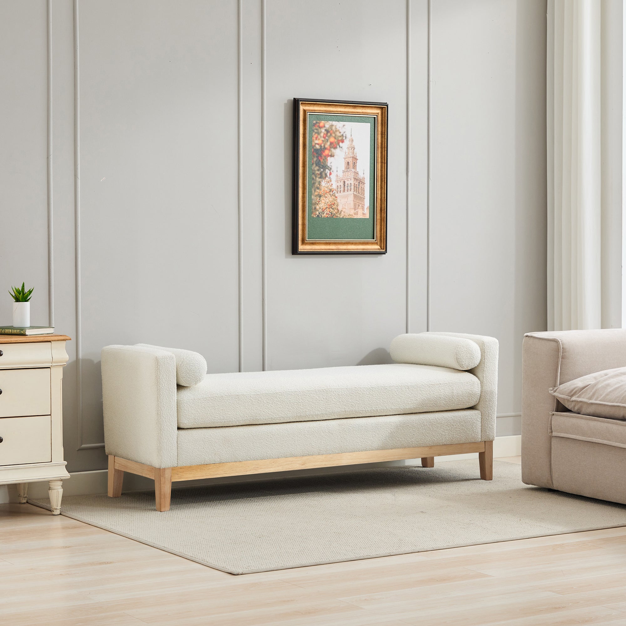 66.34'W Elegant Upholstered Bench,Daybed, Ottoman with Nature Wood Legs & 2 Bolster Pillows for End of Bed, Bedroom, Living Room, Entryway,Ivory Boucle