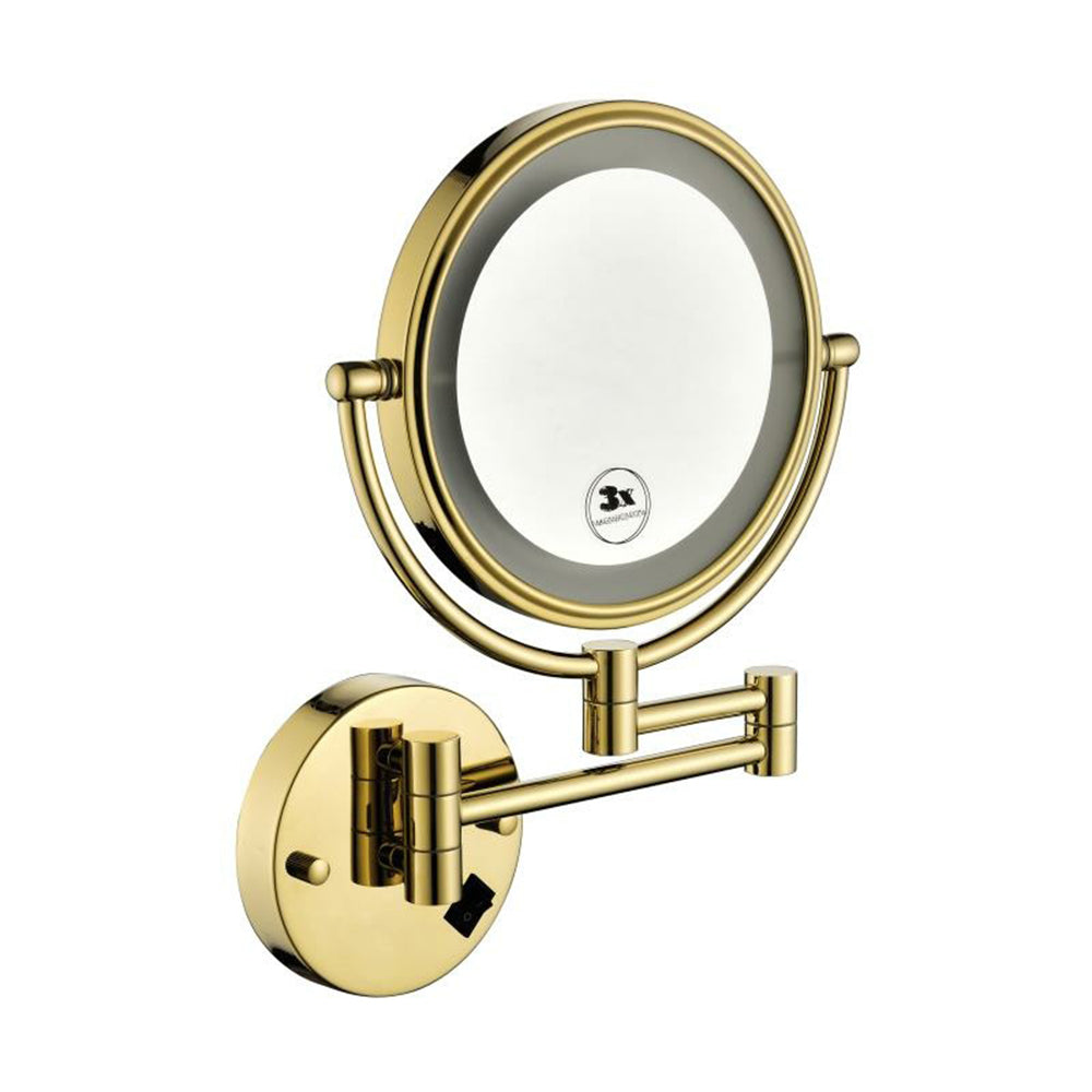 8 Inch LED Wall Mount Two-Sided Magnifying Makeup Vanity Mirror, 12 Inch Extension Gold Finish, 1X/3X Magnification, 360 Degree Rotation, Waterproof Button Shaving Mirror