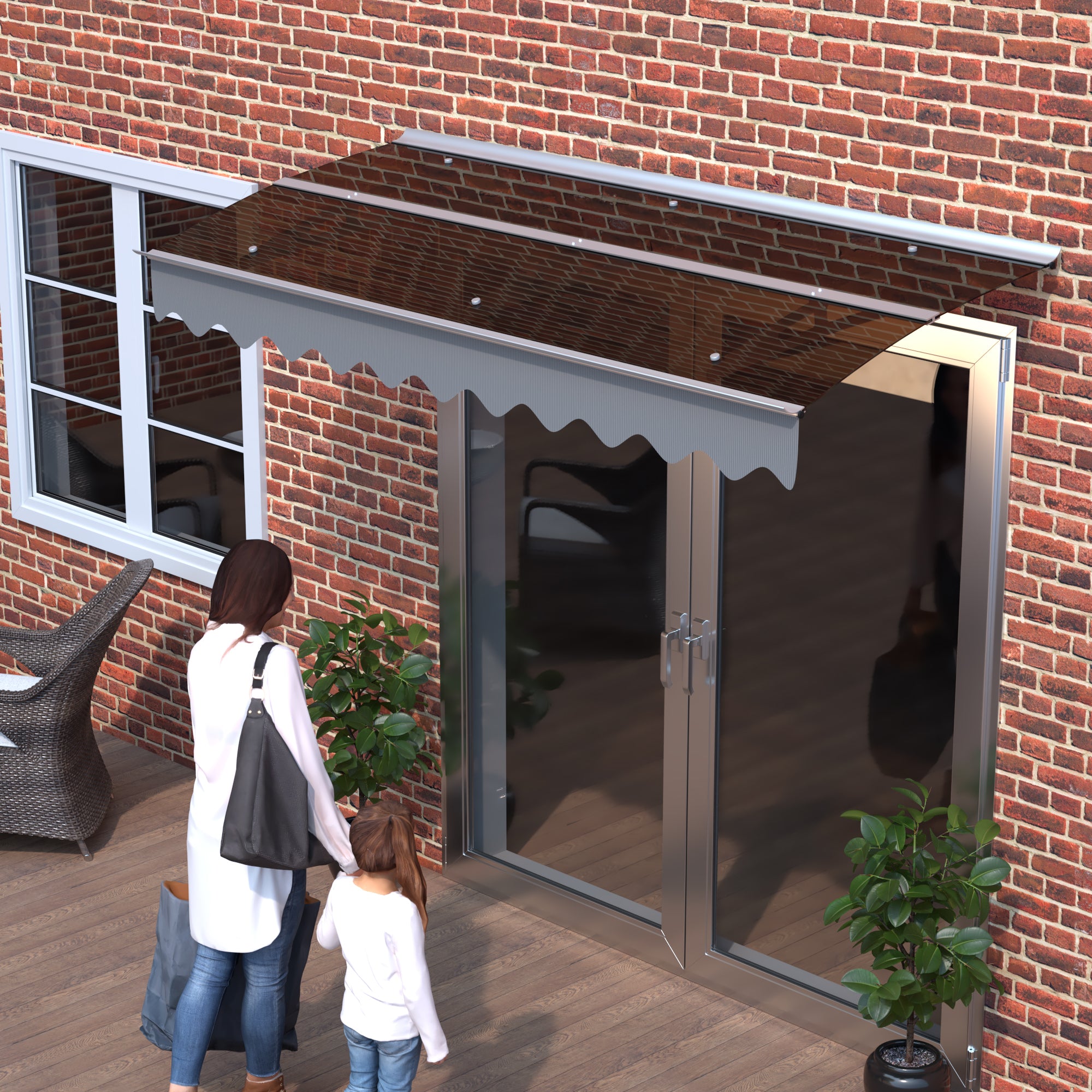 79' x 34' Window Awnings Door Entrance Canopy, Aluminum Alloy Bracket, 0.137 Inch Thick Crystal Solid Polycarbonate Sheet with Valance for Masonry Concrete House (DA7934C Series Brown Roof)