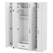 Contemporary 4-Door Wardrobe with Drawer and Top Cabinet in White Particle Board