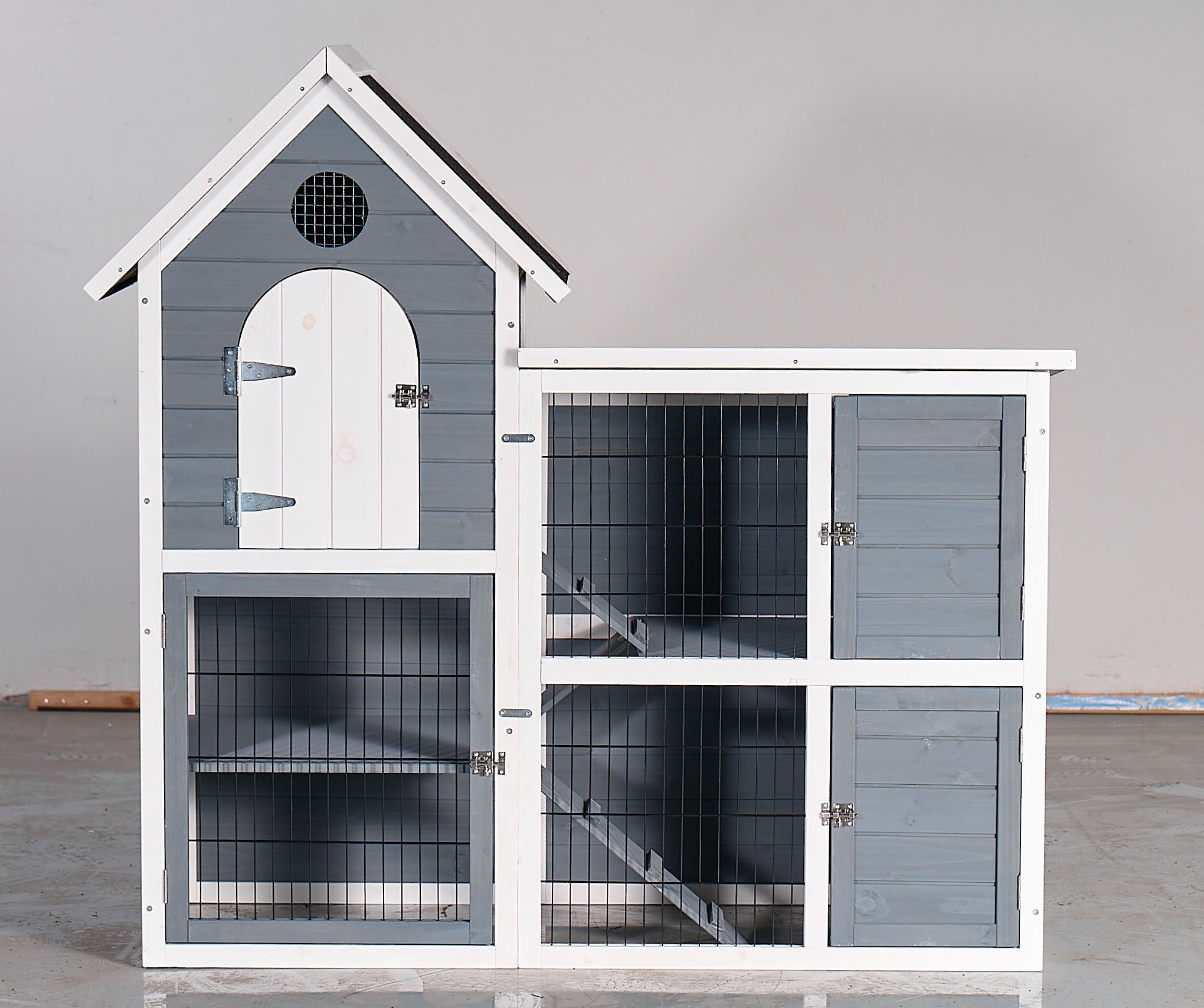 Large Outdoor Chicken Coop Cage, Weatherproof 2-Story Chicken Coop & Rabbit Hutch, Wooden Indoor/Outdoor Pet House with No-Leak Tray, Waterproof Roof & Pull-Out Tray (50.98' L × 48.23' H, Grey, Blue &