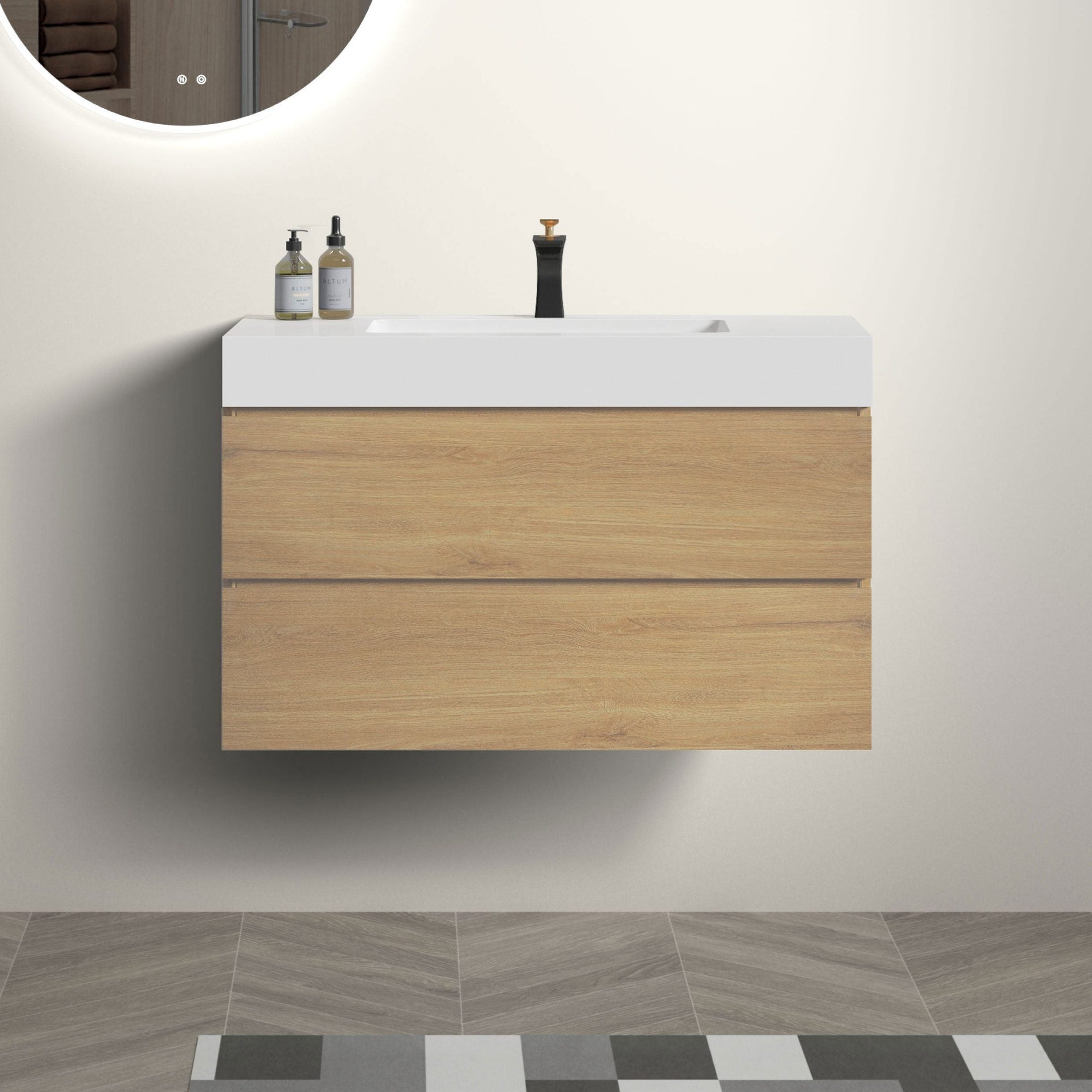 U042-Alice36-106 Alice 36' Oak Bathroom Vanity with Black Sink, Large Storage Wall Mounted Floating Bathroom Vanity for Modern Bathroom, One-Piece Black Sink Basin without Drain, Pre-assembled