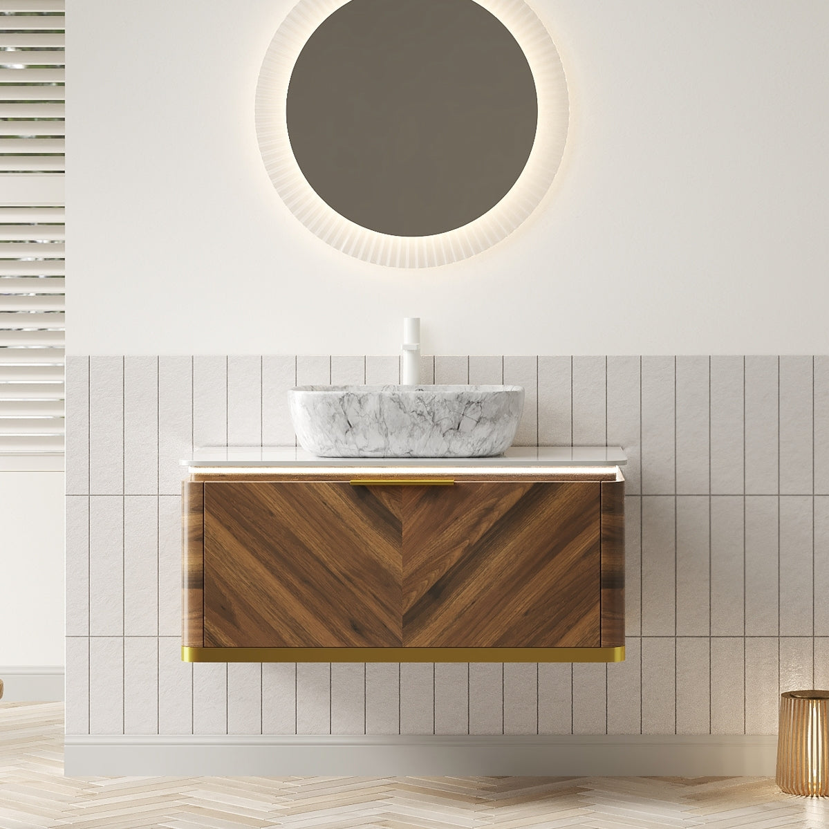 DIPA 36' Bathroom Vanity&Sink, Floating Plywood Storage Cabinet with Sensor Light, Drawer, Marble Pattern Rectangle Ceramic Vessel Basin&Sintered Stone Top, Pre-assembled, Dark Walnut Woodgrain Color
