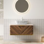 DIPA 36' Bathroom Vanity&Sink, Floating Plywood Storage Cabinet with Sensor Light, Drawer, Marble Pattern Rectangle Ceramic Vessel Basin&Sintered Stone Top, Pre-assembled, Dark Walnut Woodgrain Color