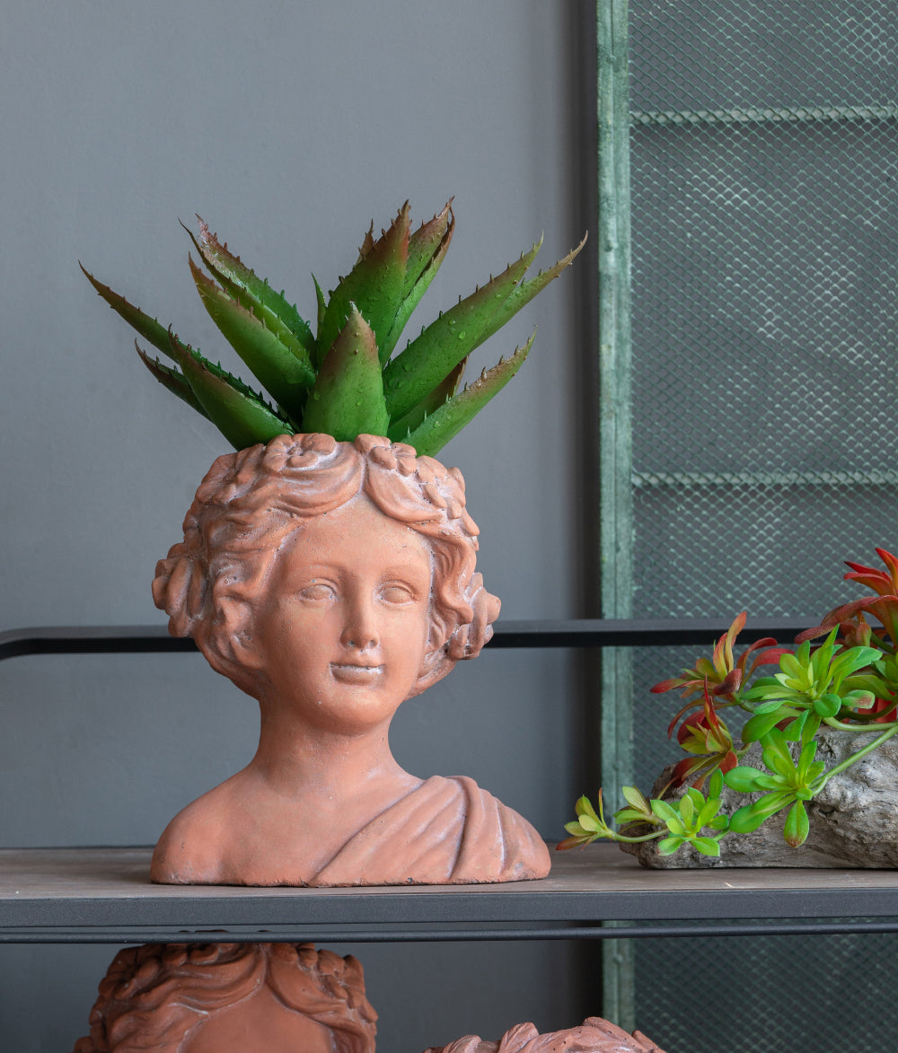 9x5.5x9.5' Brown Head Bust Planter, Greek Style Cement Head Planter - Indoor Outdoor Home Garden Decor