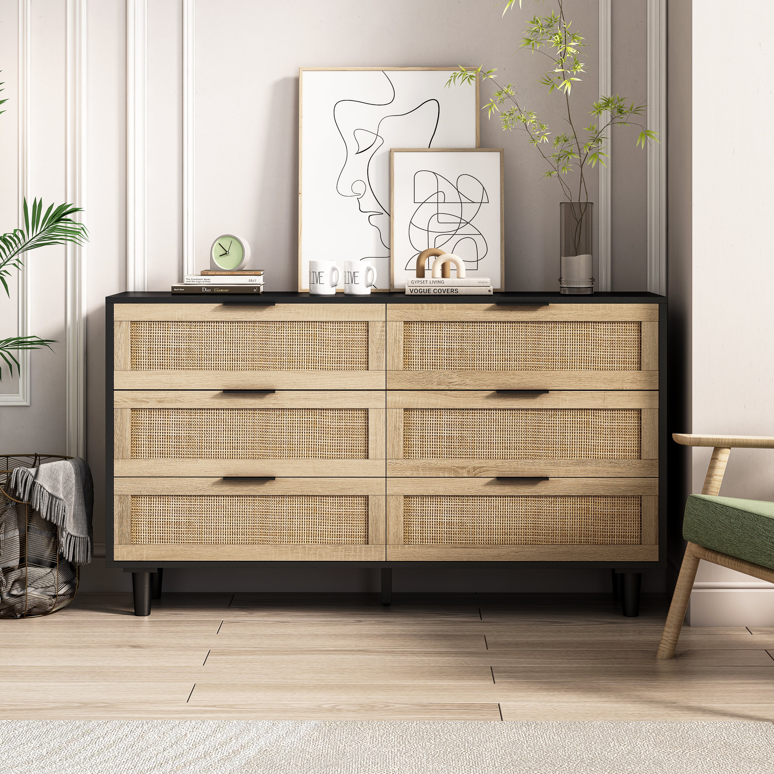 51.18'6-Drawers Rattan Storage Cabinet Rattan Drawer,for Bedroom,Living Room,Black (Same SKU:W757P198981)