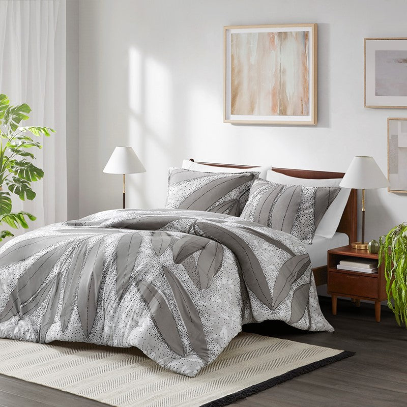 3 PCS Full/Queen Botanical Cotton Duvet Cover Set Gray