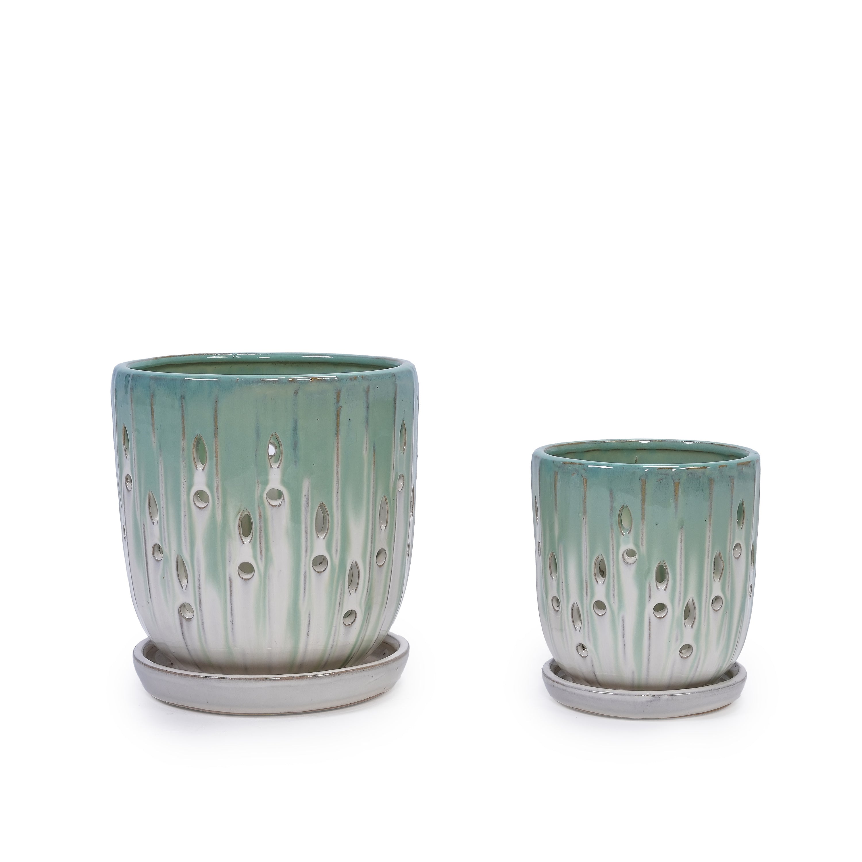 Set of 2 Ceramic Flowerpot with Drainage Hole, 8' Modern Planter for Patio, Garden, Windowsill - White Green