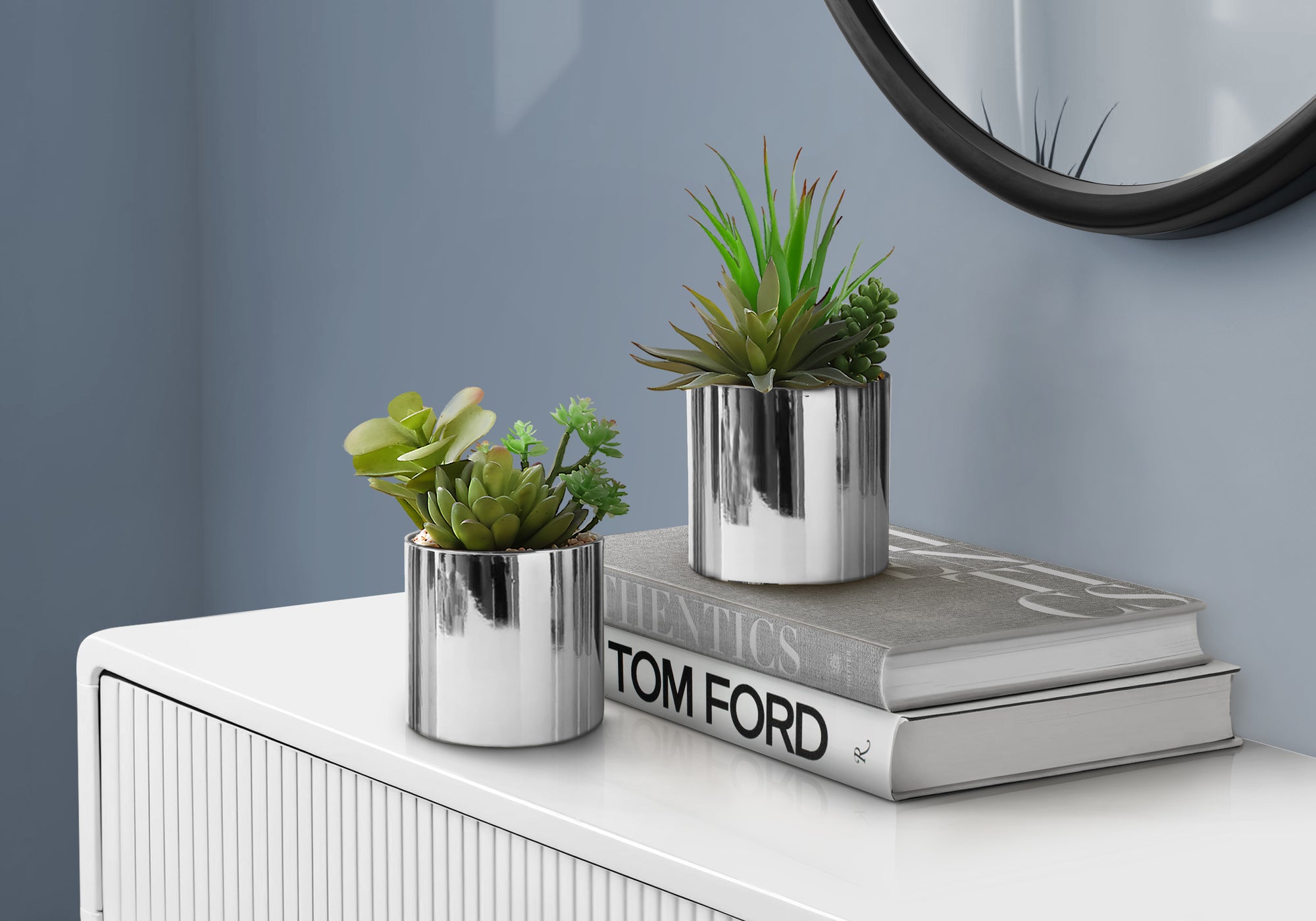 Artificial Plant, 7' Tall, Succulent, Indoor, Faux, Fake, Table, Greenery, Potted, Set Of 2, Decorative, Green Plants, Chrome Pots