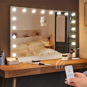 31.5'x22.8' Selfie Remote Control Vanity Mirror with Lights, 0.6' Ultrathin Large Hollywood Vanity Mirror 18 LED Bulbs Magnet Phone Holder Tabletop Makeup Mirror Wall Mount