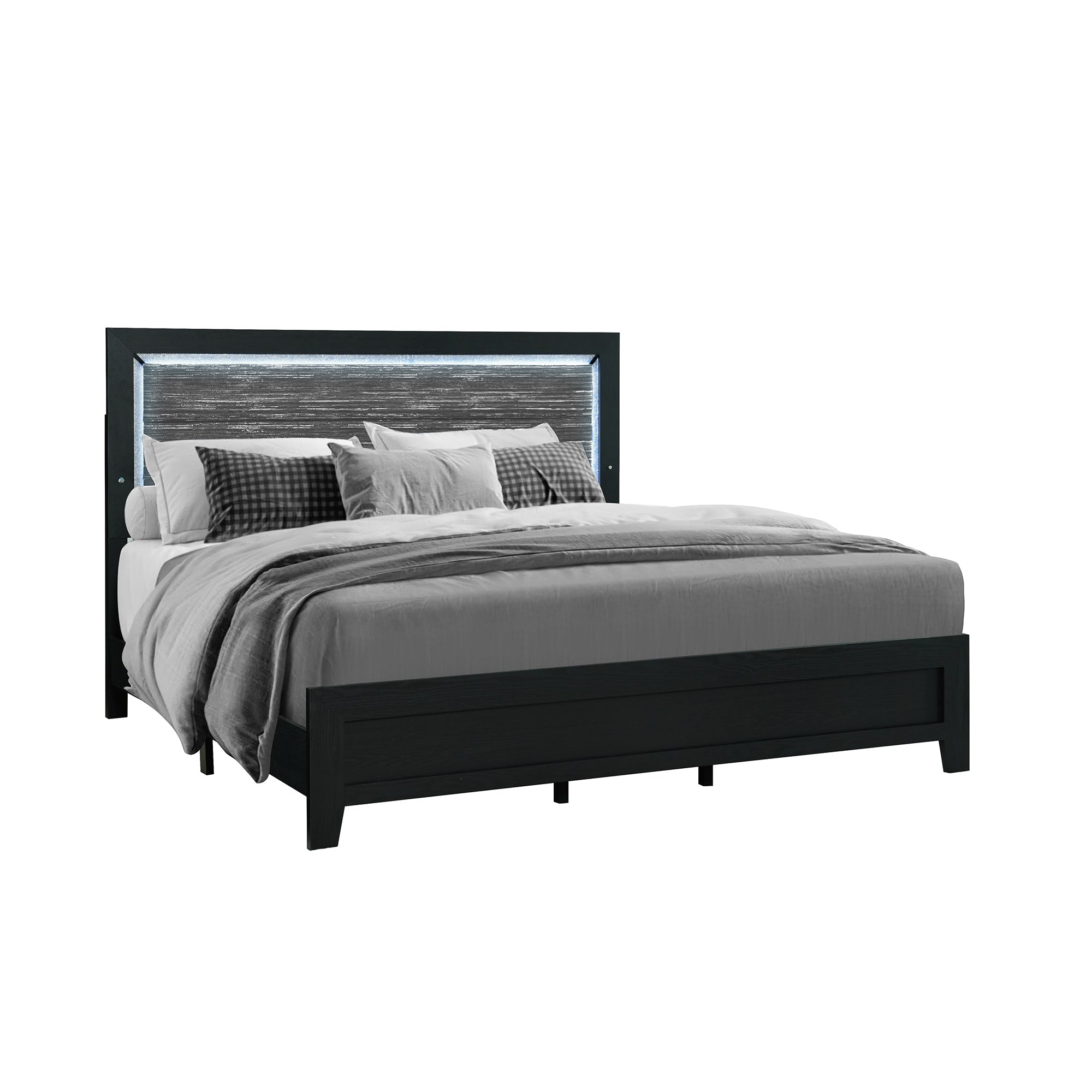 Carlos Modern Queen Bedroom Set with Upholstered Headboard and LED Accent Lighting in Black Wood Finish