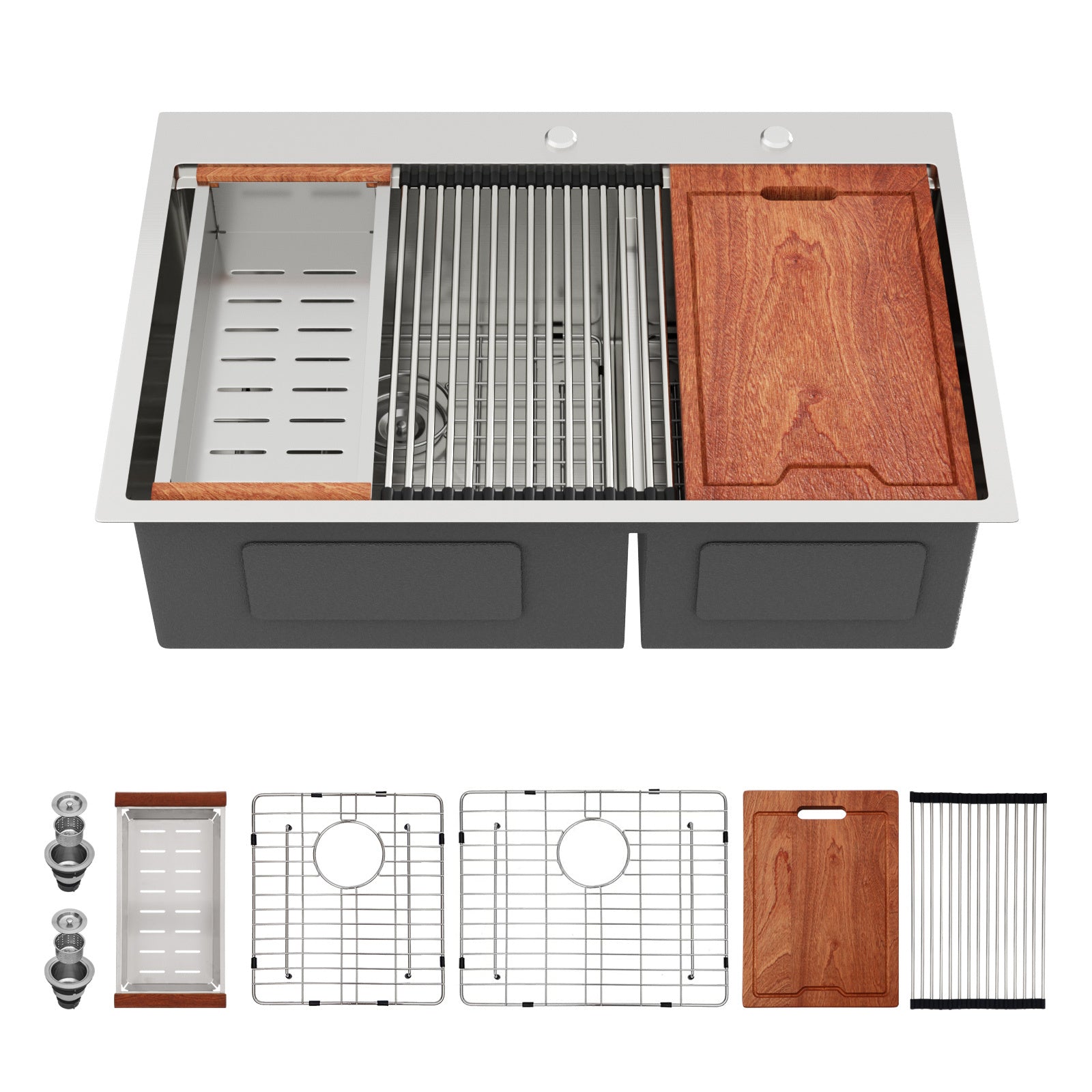 Topmount Drop in Kitchen Sink - 33'x 22' x 10' Double Bowl 60/40 Kitchen Sink 16 Gauge Brushed Nickel Stainless Steel