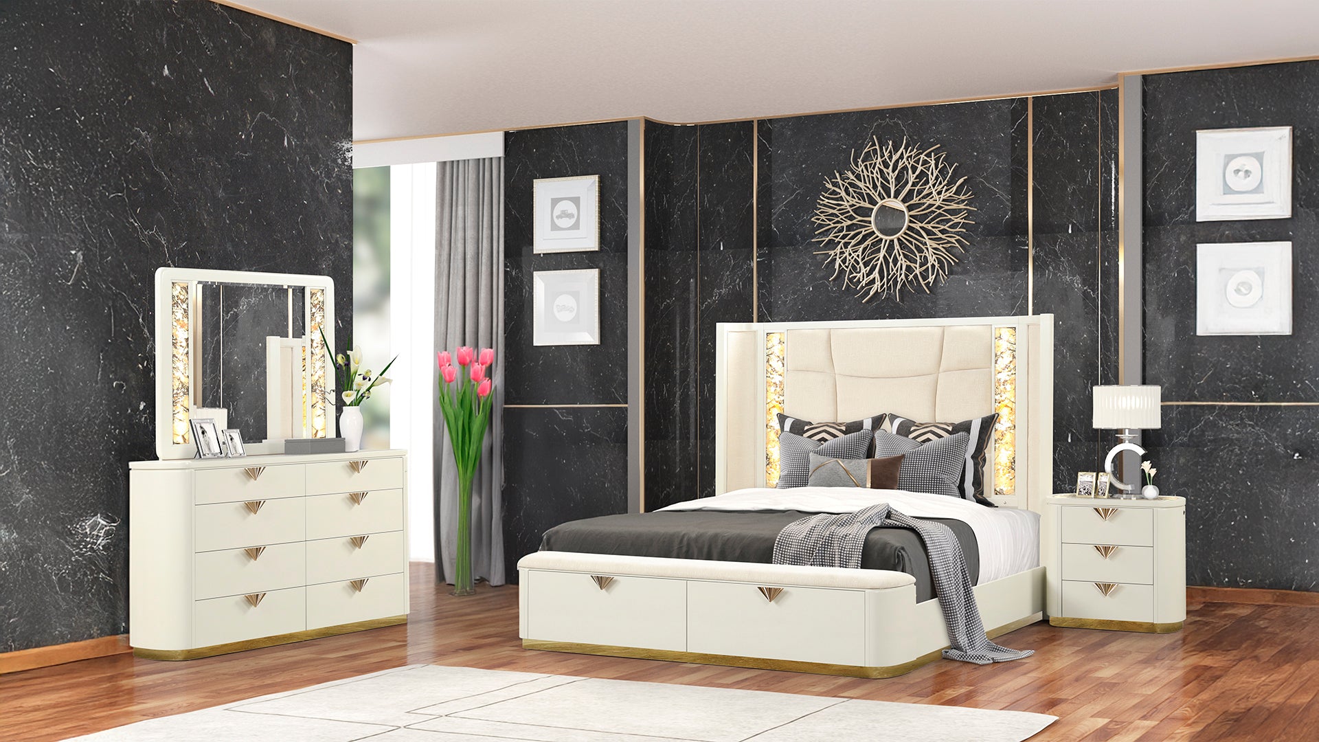 La Pierre Modern Style 4 Pc King Upholstered Bedroom Set Made with Wood and Gold Accents in Beige(CA INVENTORY)