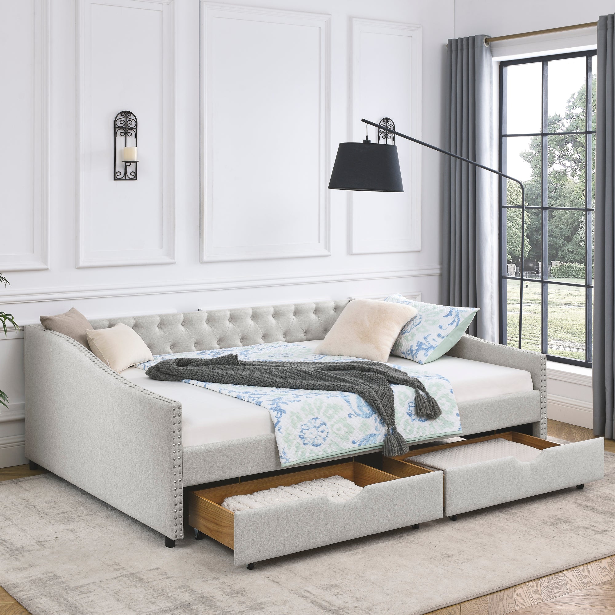 Queen Size Daybed with Drawers Upholstered Tufted Sofa Bed,,with Button on Back and Copper Nail on Waved Shape Arms, Beige (84.5'x63.5'x26.5')