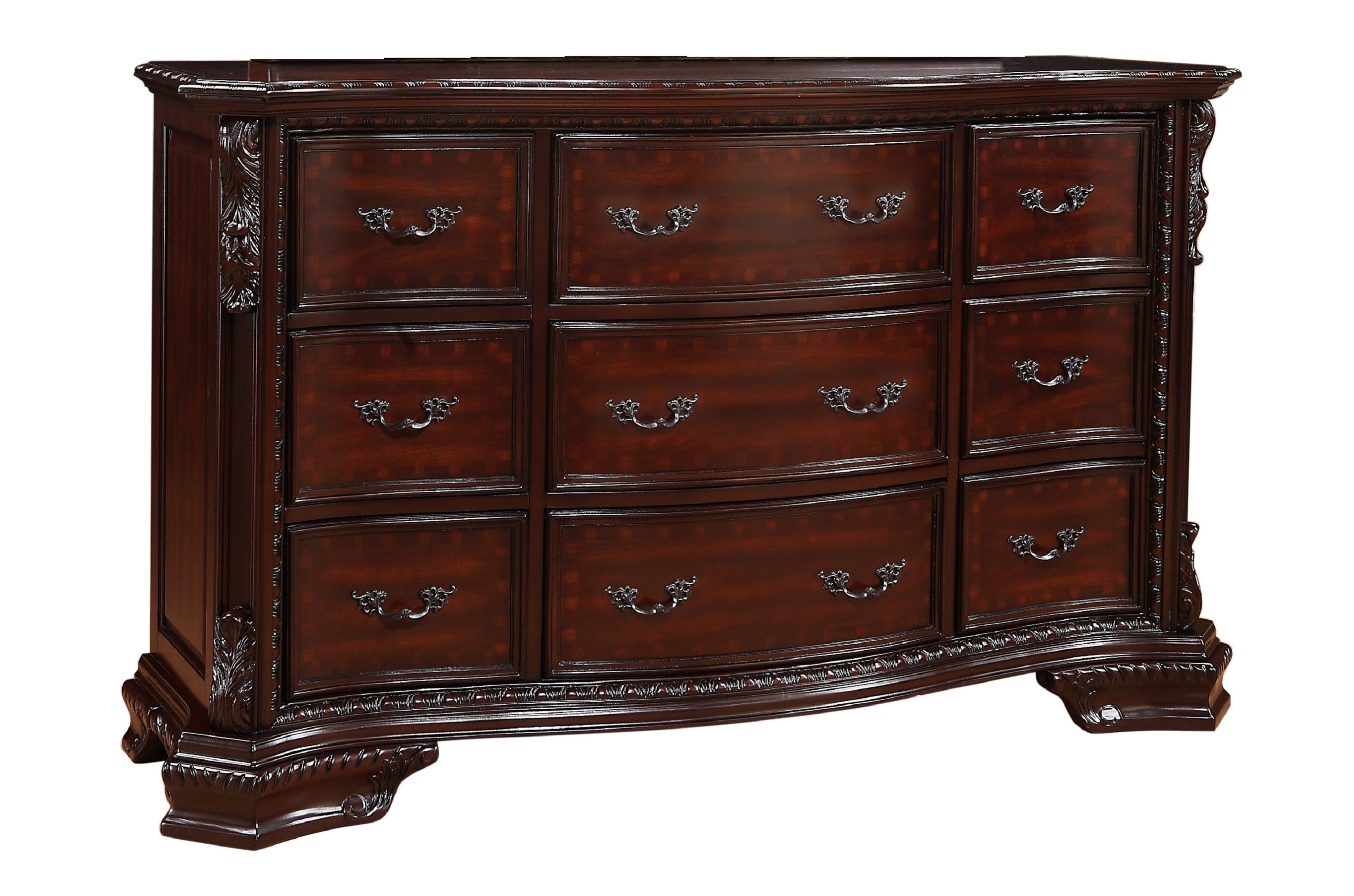 1pc Nine Drawers Dresser Intricate Moldings Beautifully Curved Silhouette Dark Cherry Finish Bedroom Solid Wood Furniture