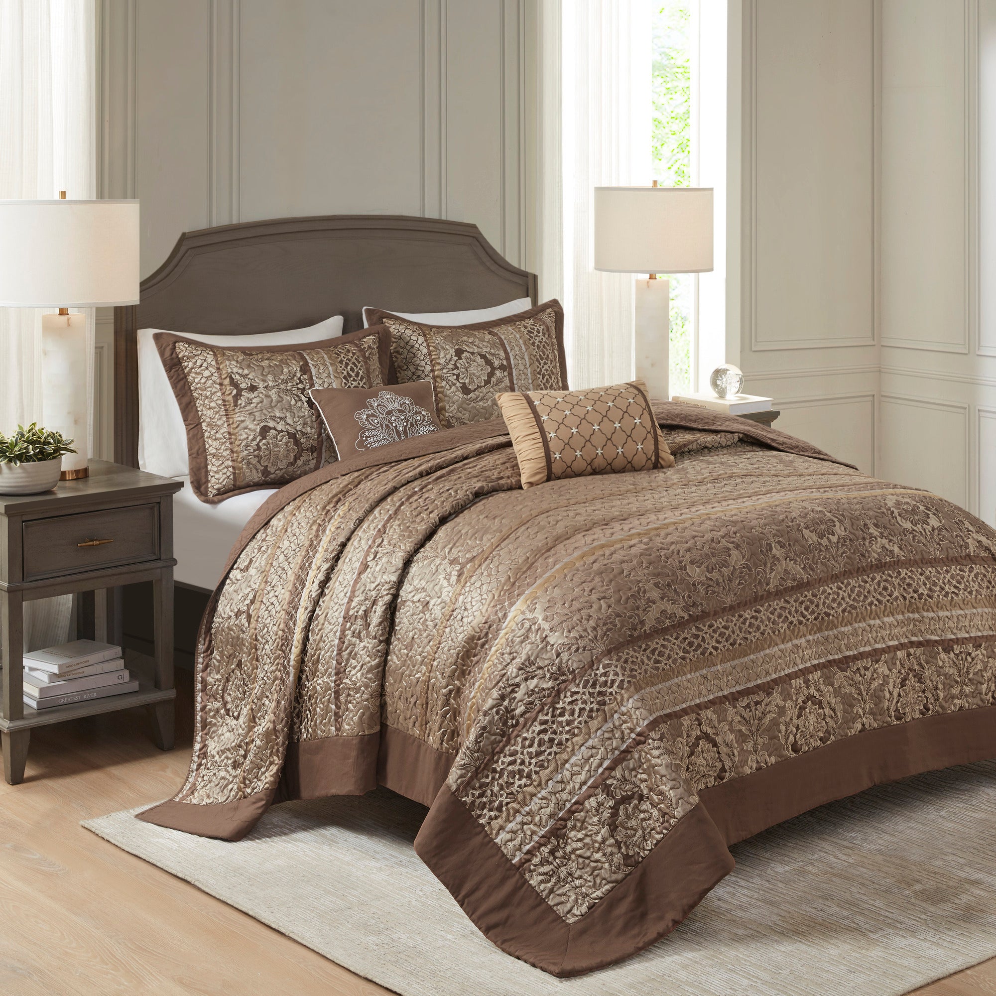 5 Piece Reversible Jacquard Bedspread Set Brown/Gold Queen
