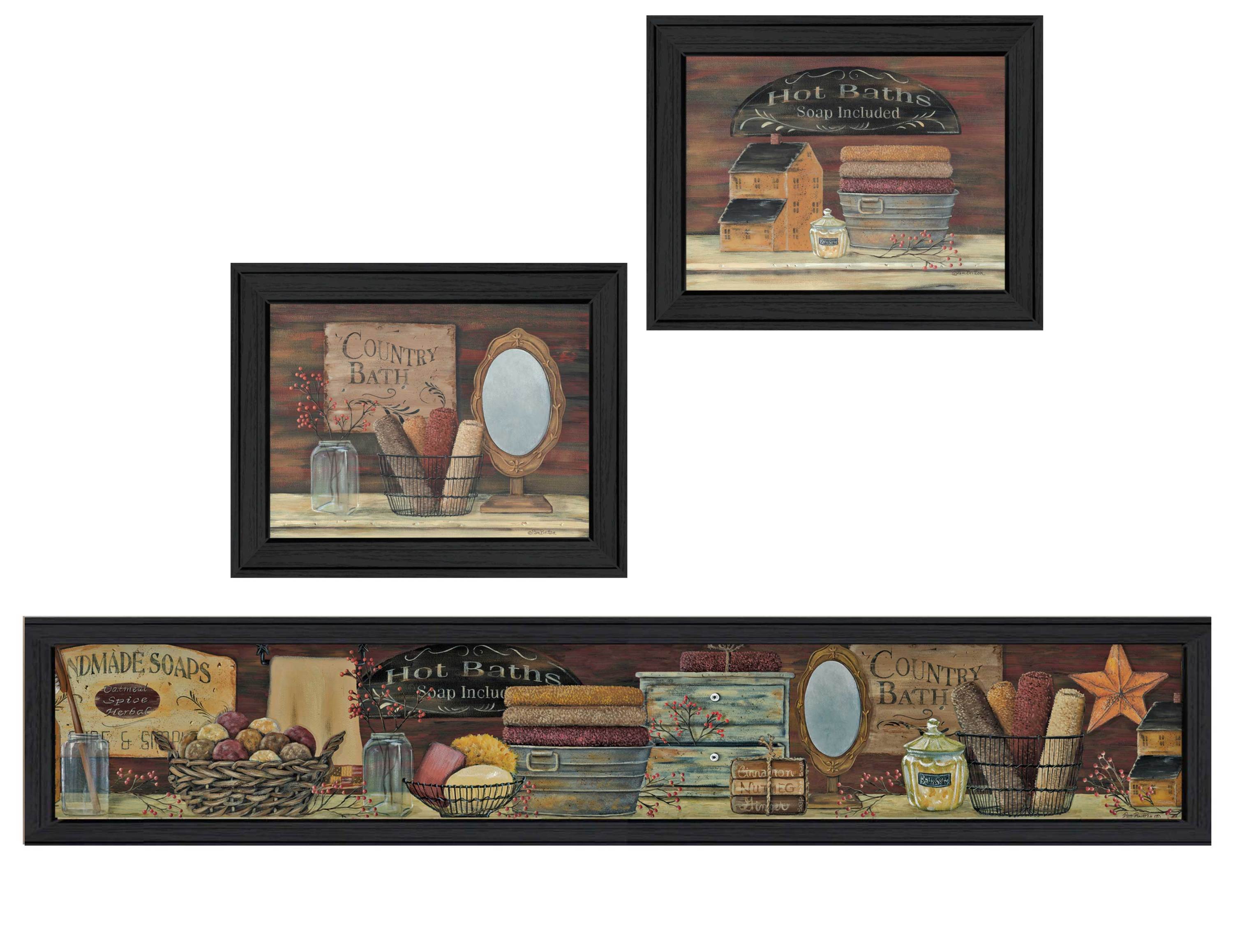 'Country Bath I Collection' 3-Piece Vignette By Pam Britton, Printed Wall Art, Ready To Hang Framed Poster, Black Frame