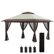 Outsunny 13' x 13' Pop Up Gazebo with Netting, Instant Canopy Tent Shelter with 2-Tier Roof,  Wheeled Carry Bag, Water/Sand Bags for Outdoor, Garden, Parties, Beige