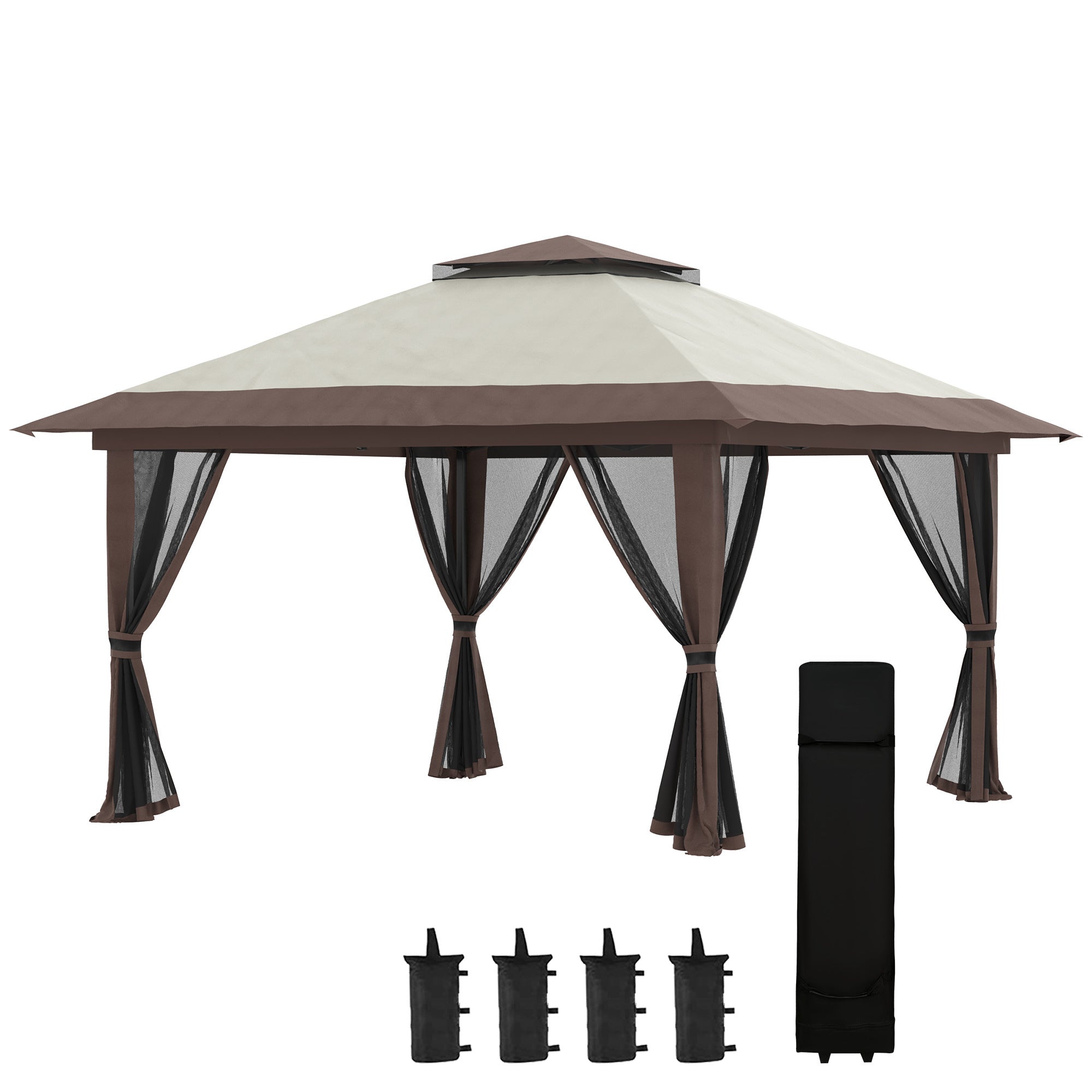 Outsunny 13' x 13' Pop Up Gazebo with Netting, Instant Canopy Tent Shelter with 2-Tier Roof,  Wheeled Carry Bag, Water/Sand Bags for Outdoor, Garden, Parties, Beige