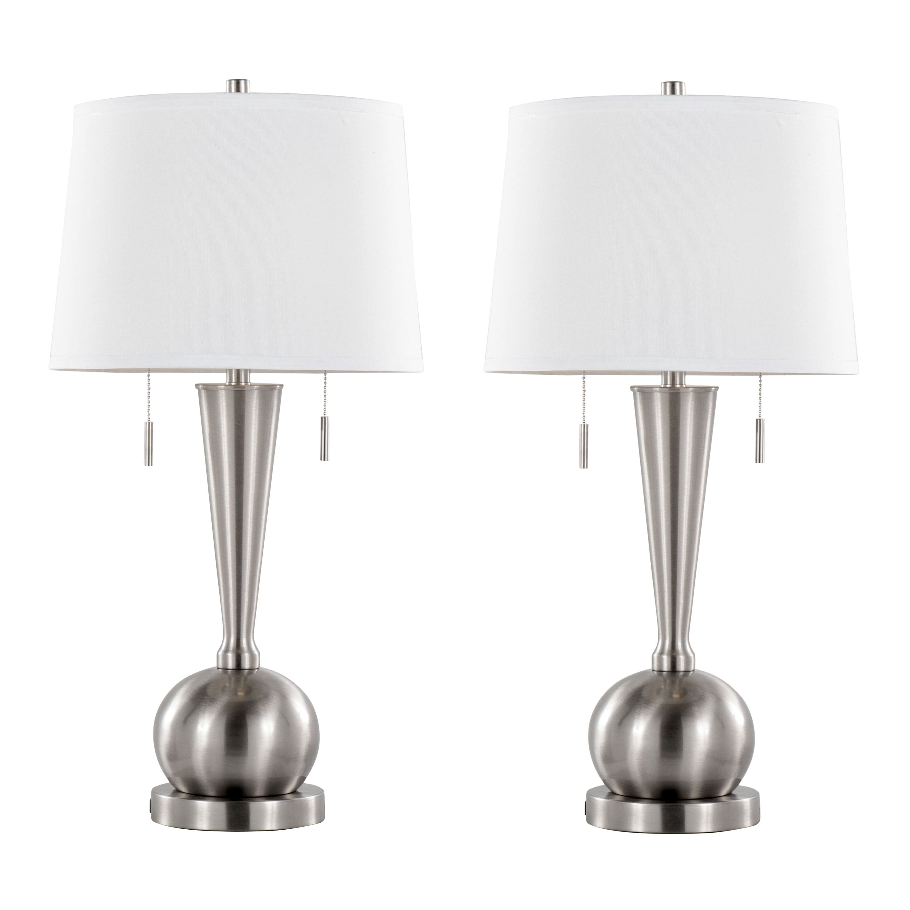 Jules 30.25' Contemporary Metal Table Lamp in Brushed Nickel with White Linen Shade and Built-In USB Port from Grandview Gallery by LumiSource - Set of 2