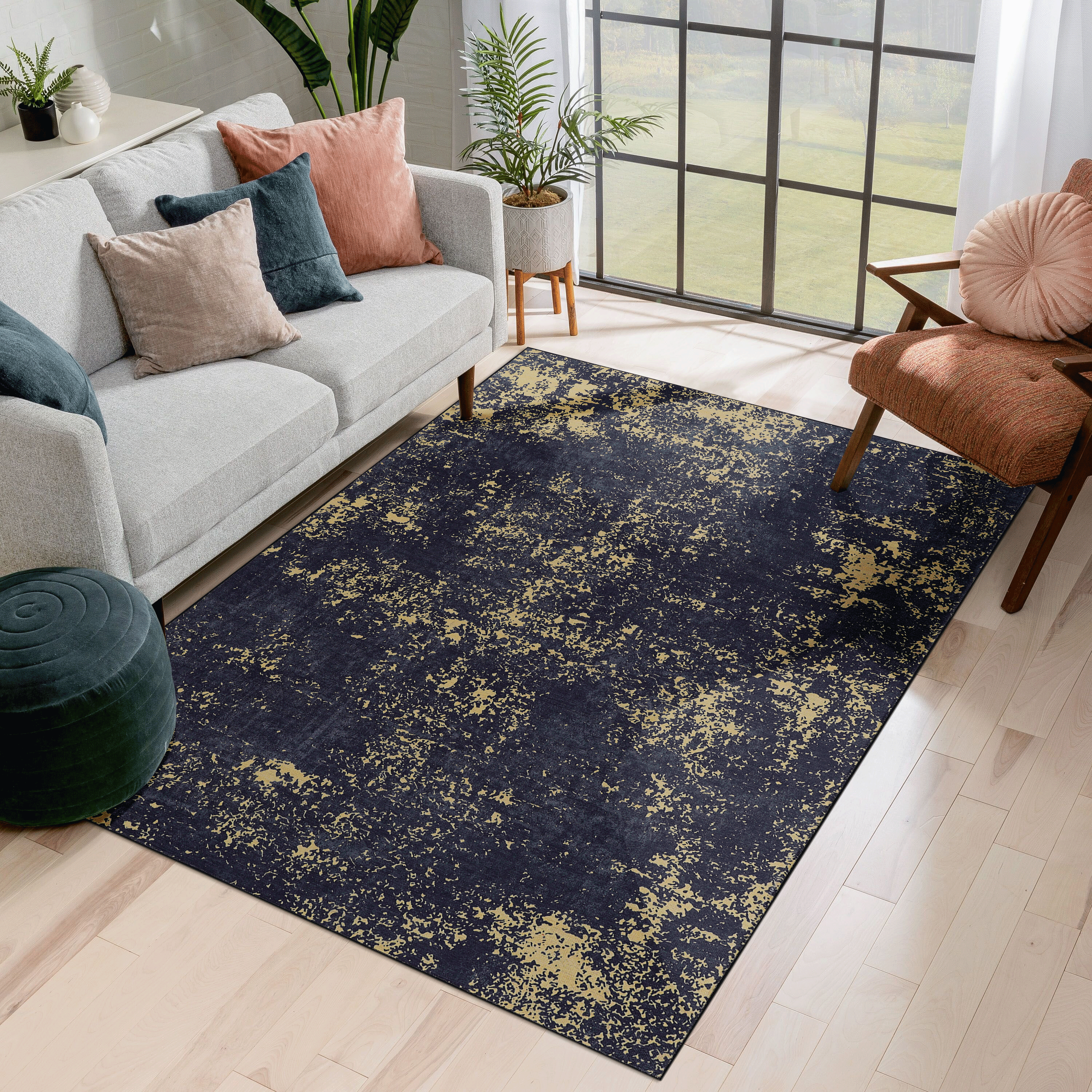 MAVAL Black Washable Rug 9x12 Area Rug (Black+Gold, 9'x12')