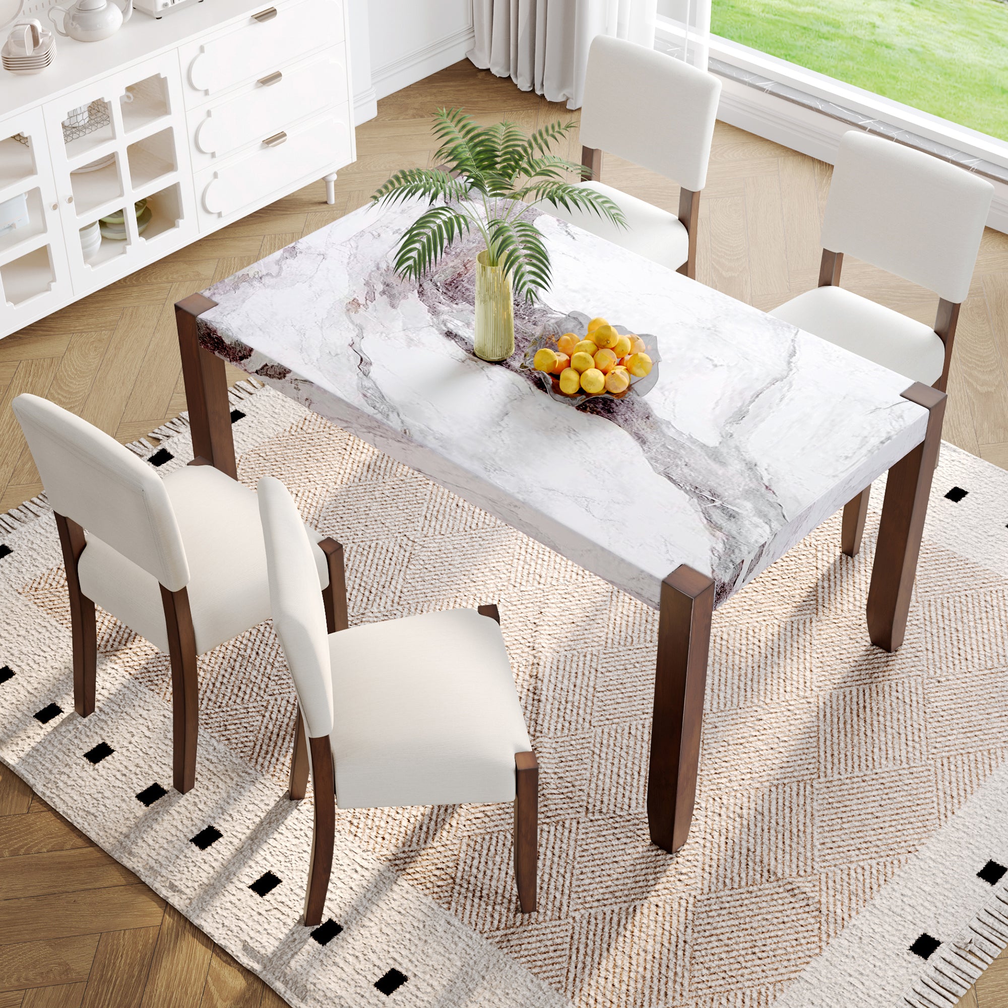 5-Piece Dining Table Set for 4, 46' Faux Marble Style Table and 4 Upholstered Chairs with Solid Rubberwood Legs, Padded Seat, Curved Backrest, Space-Saving Dinette Set for Dining Room, White