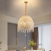 20 Inch 6-Light K9 Crystal Pendant Light Chandelier– Elegant Waterfall Design with Cascading Crystal Bead Strings and Gold Finish for Living Room, Bedroom, or Dining Area (Bulb Not Included)