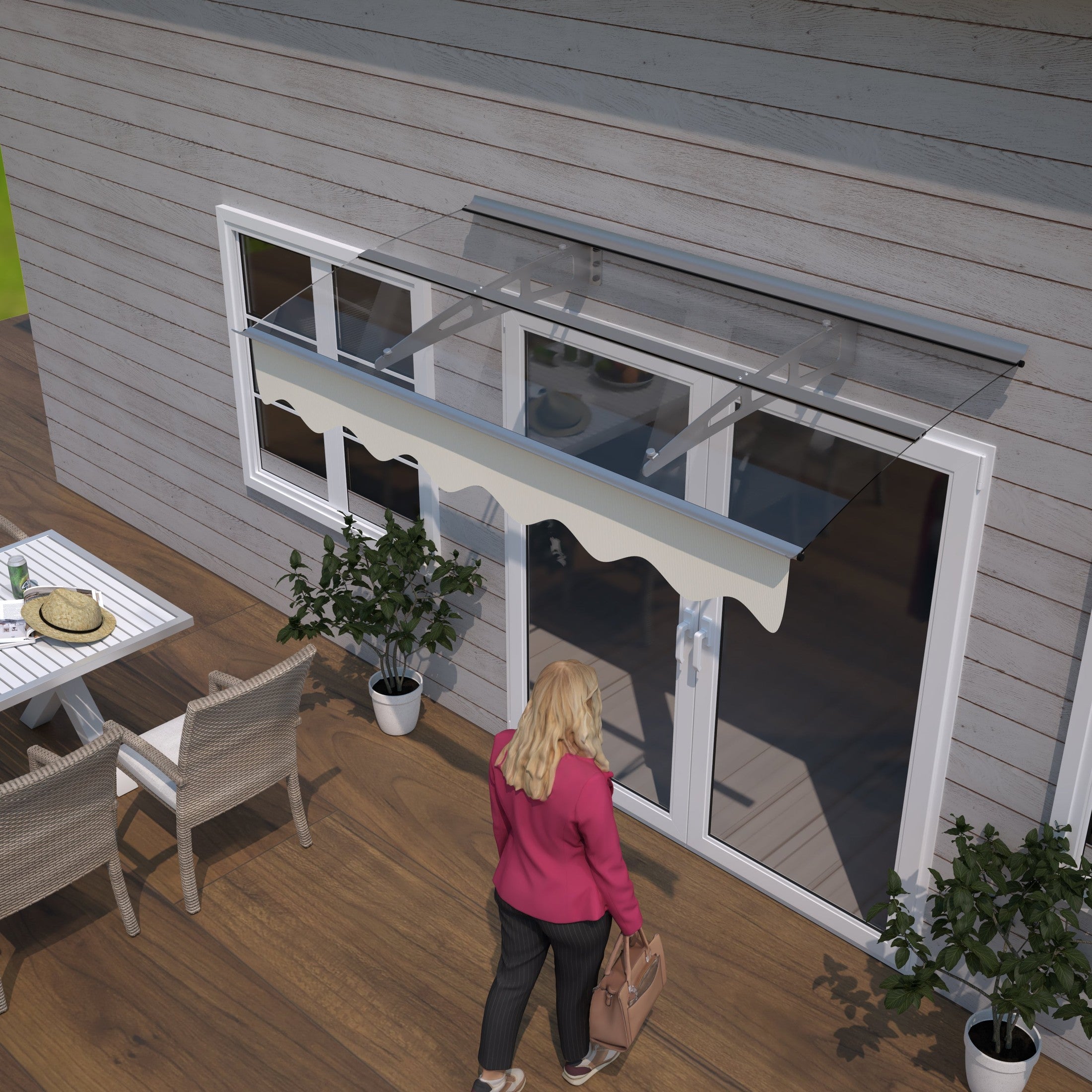 5934W Series Door Window Awning Canopy W59'xD34' Made of 0.137Inch /3.5mm Thick Virtually Crystal Solid Polycarbonate Sheet with Polyester Valance for Wooden House.