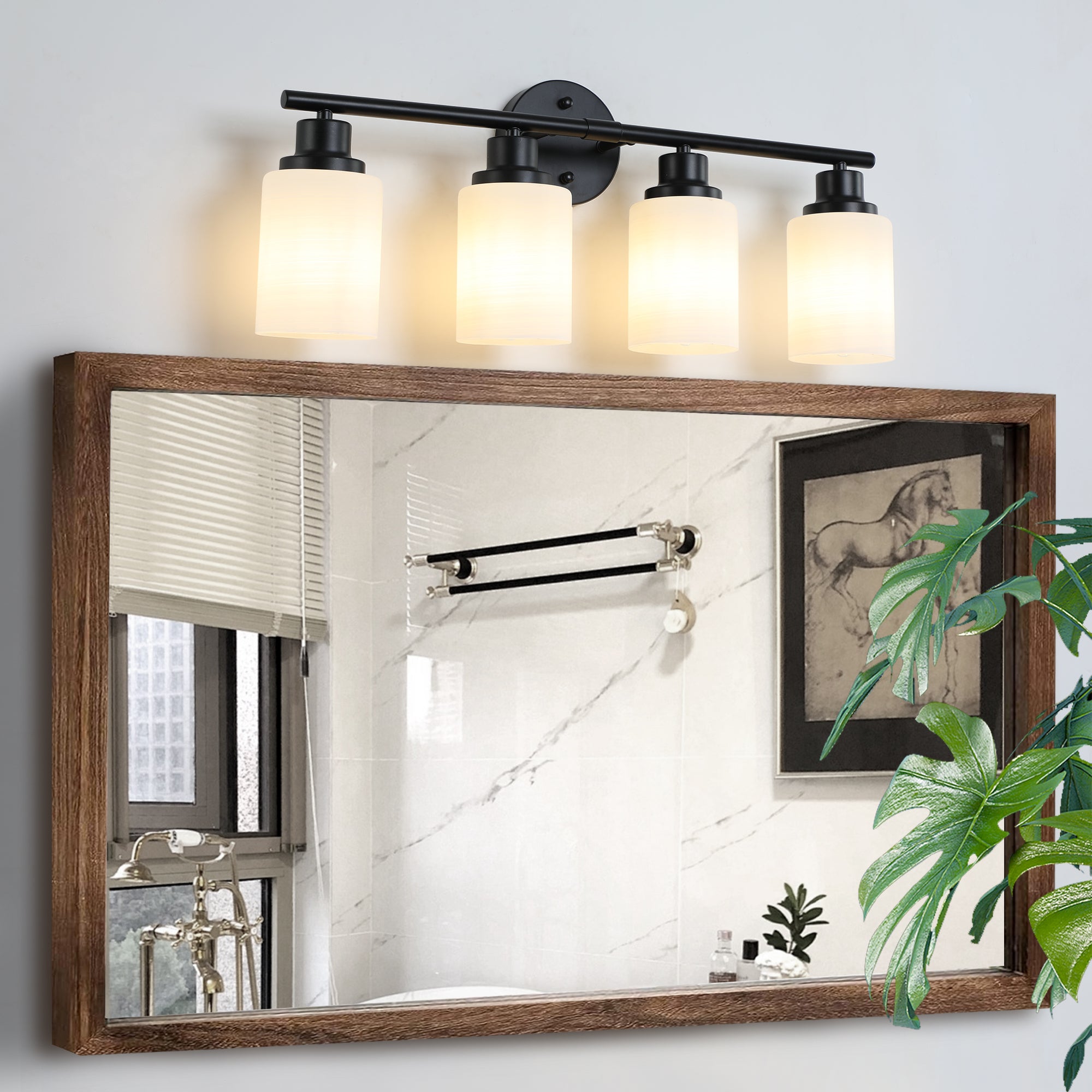 24' Modern 4-Light Vanity Bathroom Mirror Light, Frosted White Glass with Black Iron Frame, Contemporary Wall Sconce for Bedroom, Bathroom, And Dressing Room (Bulb Not Included)