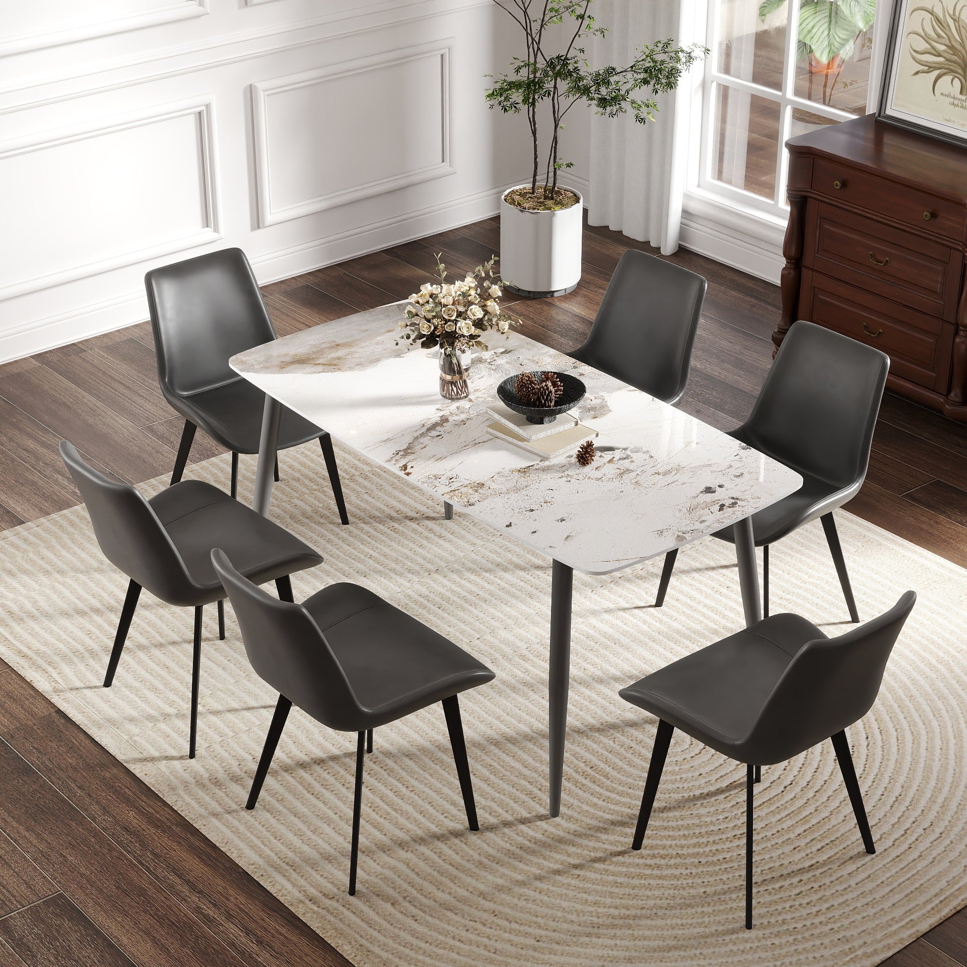 62.99' Modern Artificial Stone White Pandora Curved Edge Dark Grey Metal Leg Dining Table-Can Accommodate 6 People(Dining Table Only)