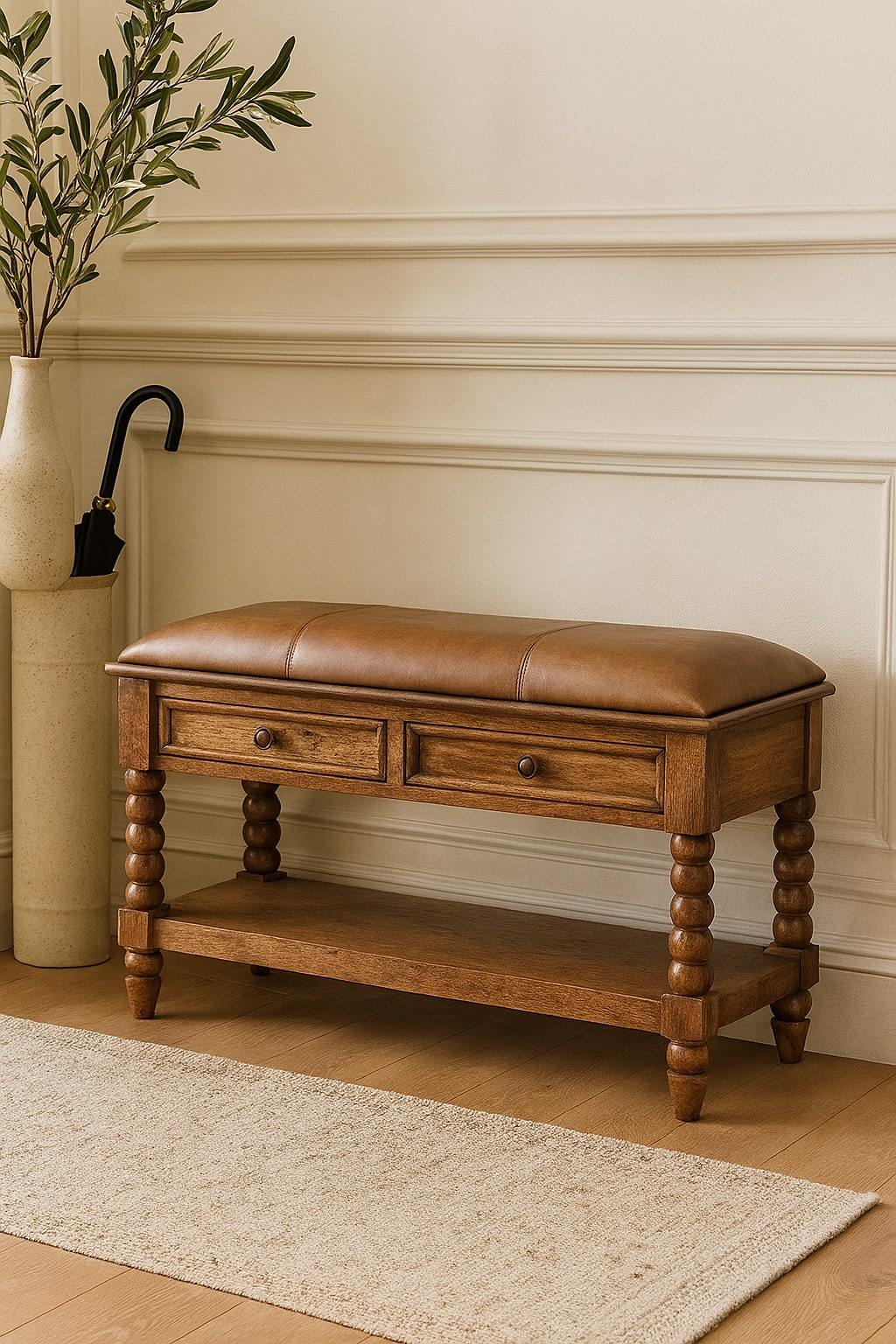 Solid Wood Leather Spindle Bench,Leather,2-Drawer,1-Shelf