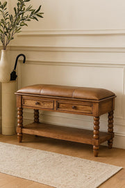 Solid Wood Leather Spindle Bench,Leather,2-Drawer,1-Shelf