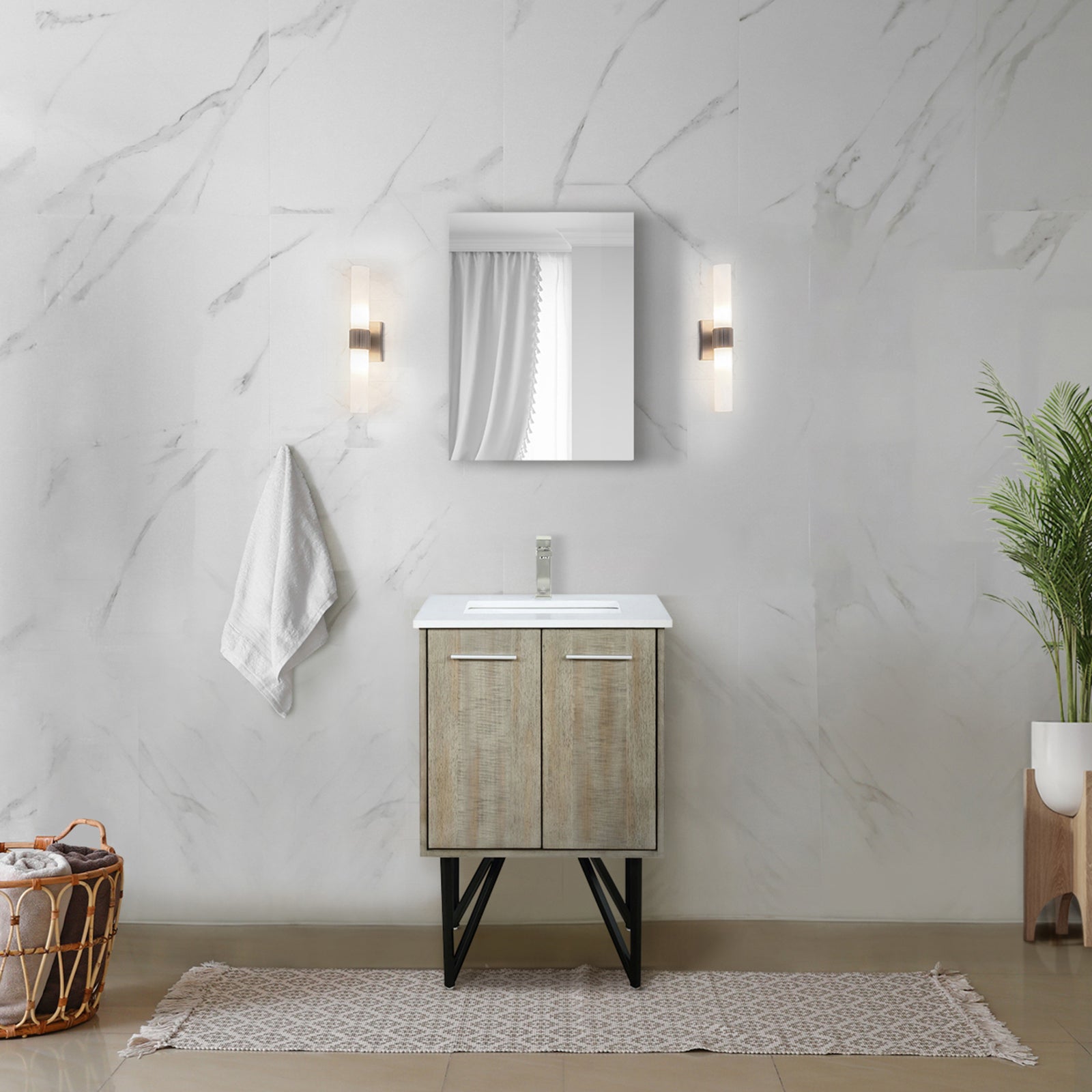 Rustic Acacia Bath Vanity 24 in. W x 20 in. D, Cultured Marble Top and Brushed Nickel Faucet Set