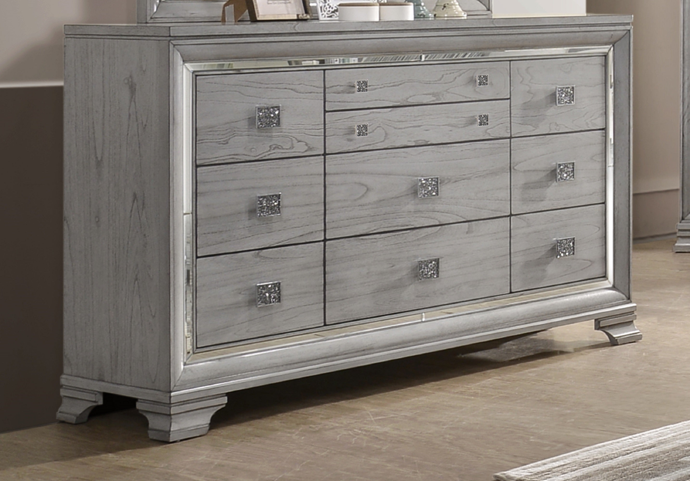 Contemporary 1pc Light Gray Brown Finish 6 Storage Drawer Dresser Jewelry Tray Mirrored Accents Beautiful Solid Wood Wooden Bedroom Furniture