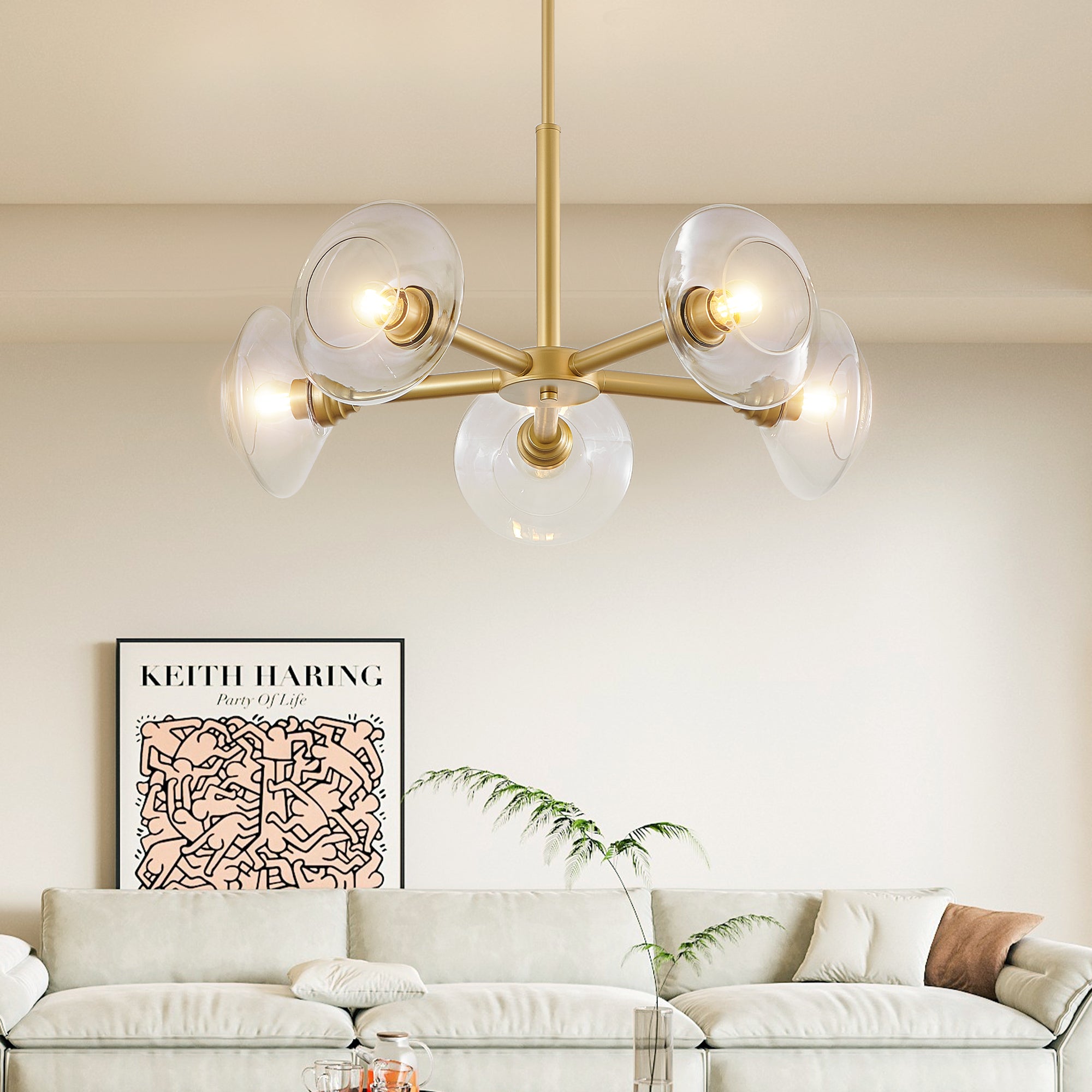 26' Modern Gold 5-Light Sputnik Chandelier with Clear Glass Shades, Mid-Century Hanging Pendant Light Fixture for Dining Room, Living Room, or Kitchen (Bulb Not Included)