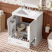 30' Bathroom Vanity with Sink, MDF and Solid Wood Frame, 1 Divider Drawer and 2 Soft-close Doors (Double Shelf on Door), Freestanding Vanity